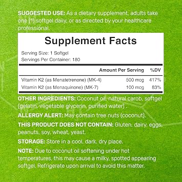 DEAL SUPPLEMENT Vitamin K2 Supplement 600mcg, 180 Coconut Oil Softgels | Full Spectrum High Absorption MK-7 & MK-4 Forms | Bone, Joint, Immune Support Non-GMO