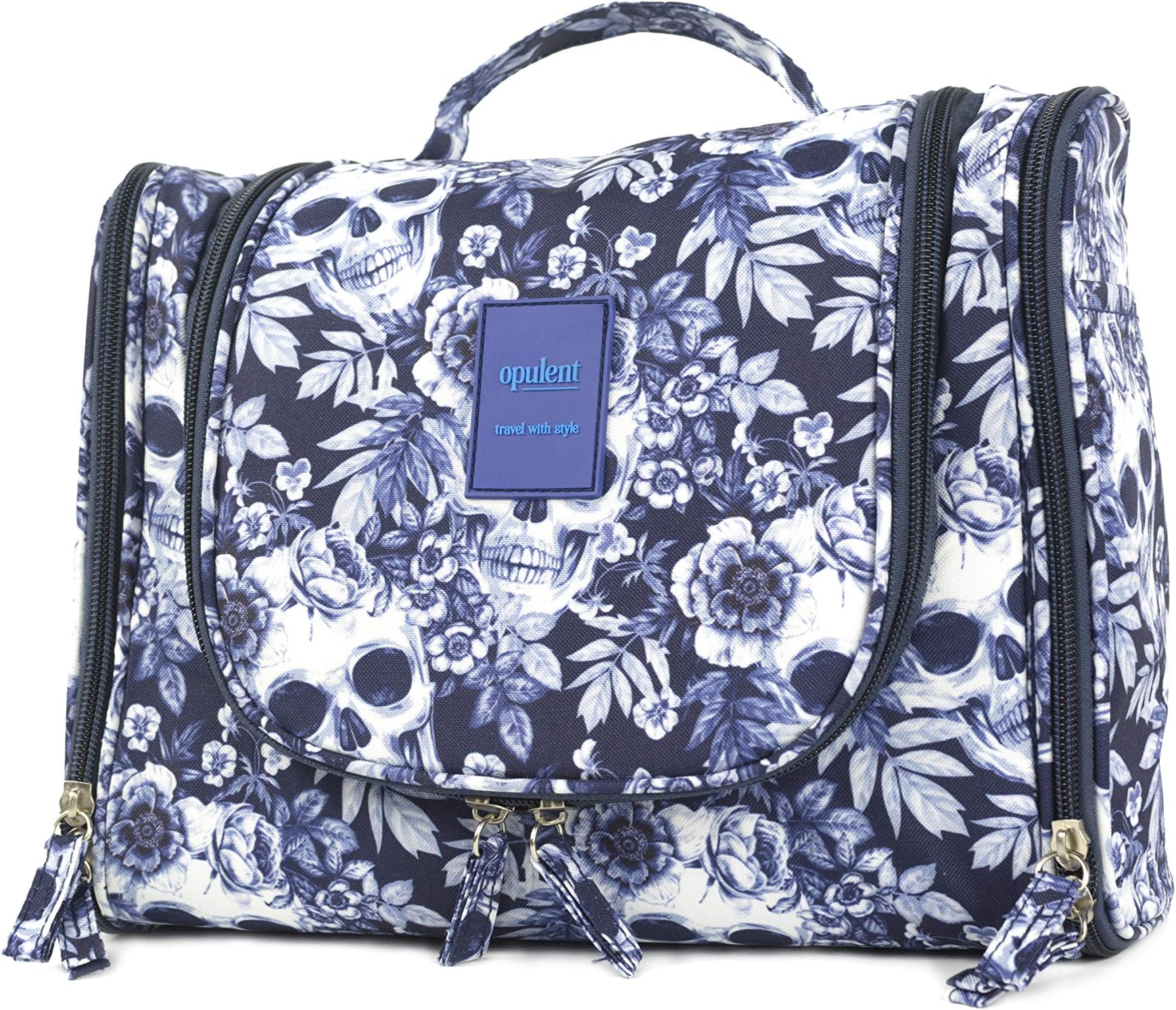Opulent Extra Large Toiletry Bag for Women, The Perfect wash Bag for Travel with a Strong Metal Hanging Hook, Multiple compartments, Showerproof and Limited Edition Blue Skull Bag