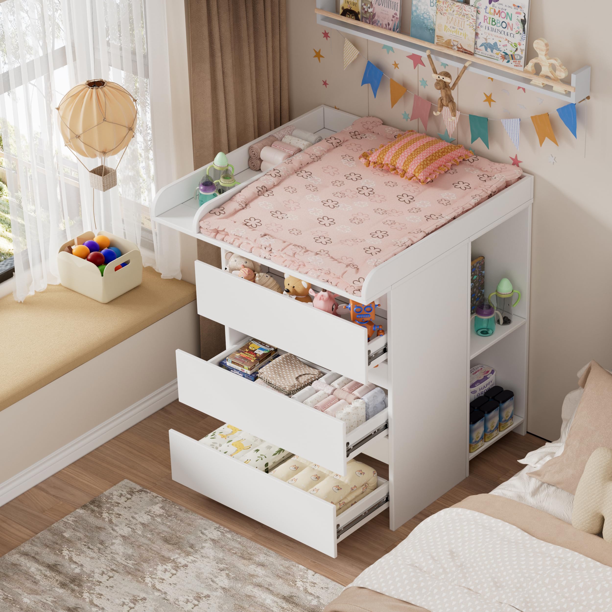 2 en 1 Cambiador Bebe Mueble, Cómoda con Adaptador Cambiador Comoda, Cómoda Cambiador Bebe con 3 Cajones y 6 Compartimentos, Moderno 73x70x78 cm/ 113x32x70 cm- Blanco