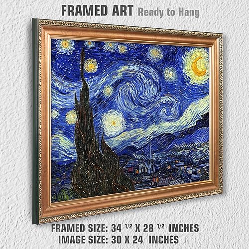 Miniatura 965 de A&T ARTWORK The Starry Night de Vincent Van Gogh. Tamaño del marco: 36 x 30 pulgadas, tamaño de la imagen: 30 x 24 pulgadas, reproducciones clásicas