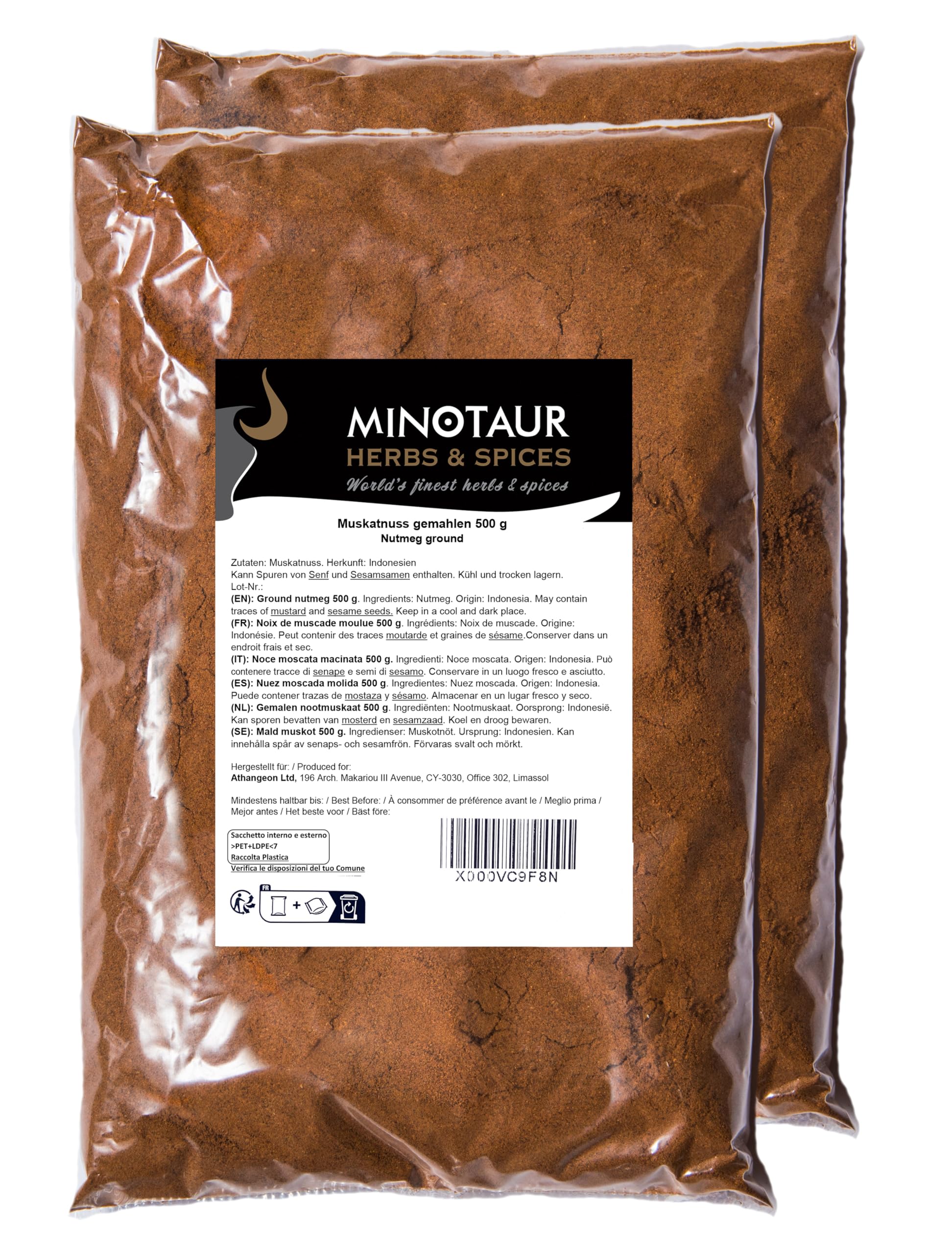 Minotaur Spices | Nuez moscada molida | 2 x 500g (1 Kg) | Polvo de nuez moscada