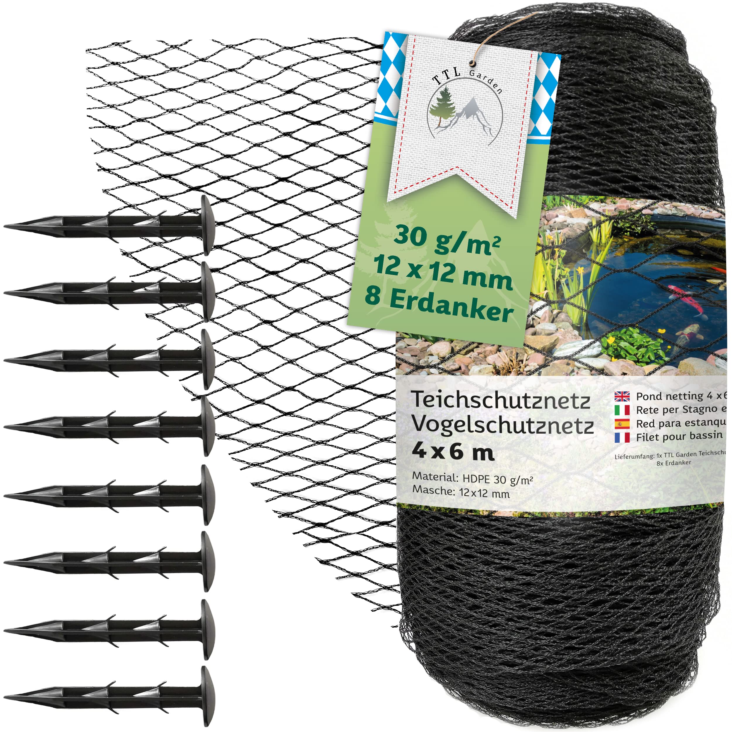 Filet Anti-oiseaux 4x6 M - Maille 17x17 Mm, Vert, Résistant UV - Avec 12 Clous De Sol - Pour Potager, Arbres, étang - 3