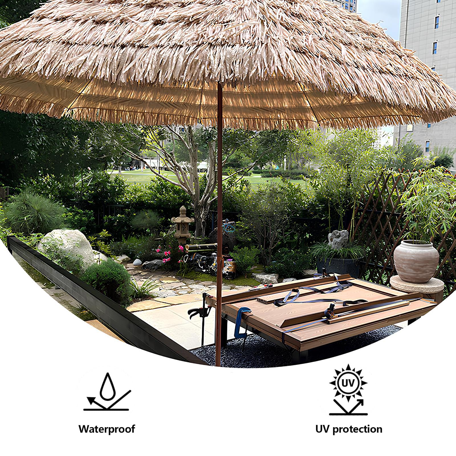 Hawajski parasol plażowy Tiki, 5,2-7,9ft odcień słońca z 8 żeberkami, przenośny taras zewnętrzny Parasol do ogrodu, balkonu i basenu
