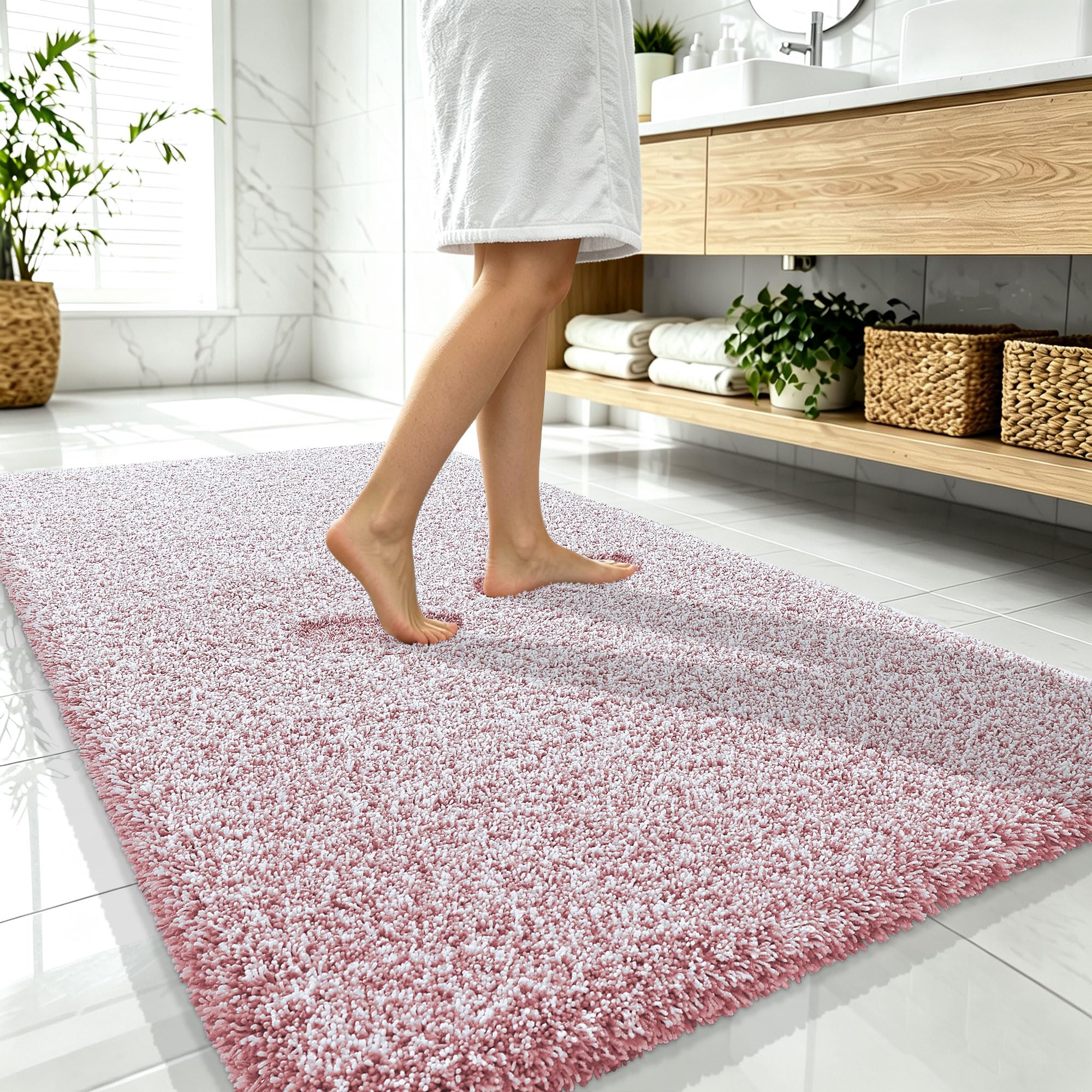OLANLY Microfiber Bathroom Rugs 59x35, Quick Dry Mat, Deep Rose and White