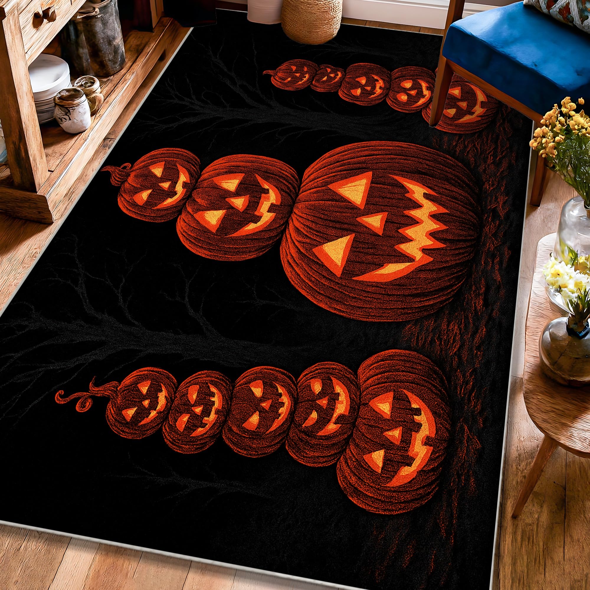 Tapis citrouille Jack-O'-Lanterne antidérapant orange pour décoration Halloween maison