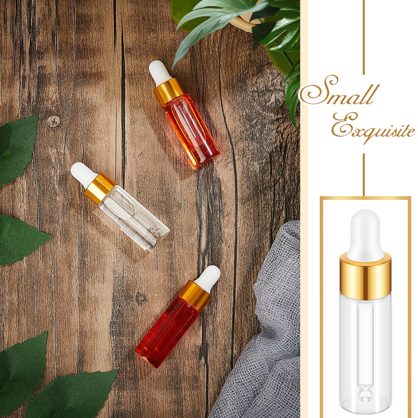 Didaey Mini-Tropfflaschen aus Glas, Mini-Tropfflaschen, Probenflaschen, kleine Probenfläschchen mit Deckel, für Reisen, ätherische Öle, Kosmetik, Flüssigkeit, Probe, Parfüm, Gold, 5 ml, 200 Stück