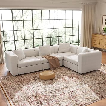 Miuuod Oversized Modular Sectional Sofa, 4 Seater L/U Shaped Convertible Sleeper Couch Bed with Storage, Deep Seat Cloud Couch for Living Room Apartment Lounge Beige