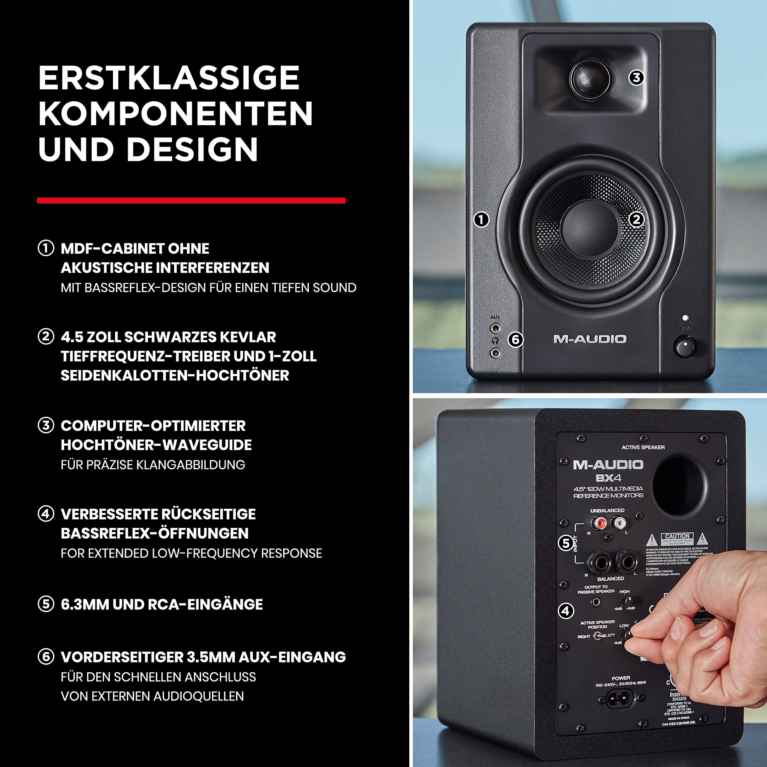 M-Audio BX4 4,5" Studio-Monitore High-Definition Monitor Lautsprecher Boxen, 120W - Paar & Adam Hall Cables K3TPP0100 Audiokabel 2 x 6,3mm Klinke Mono auf 2 x 6,3mm Klinke Mono 1m