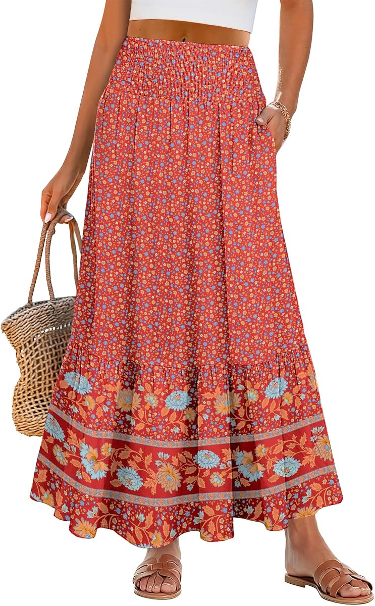 Women Boho Floral Maxi Skirts, High Waisted Tiered Skirt, Flowy Beach Skirts with Pockets for Vacation & Summer Wear