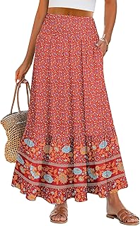 Maxi Skirts for Women 2025 Summer Boho Long Flowy Floral Elastic High Waist Skirt Casual Travel Skirt with Pockets - Buy now