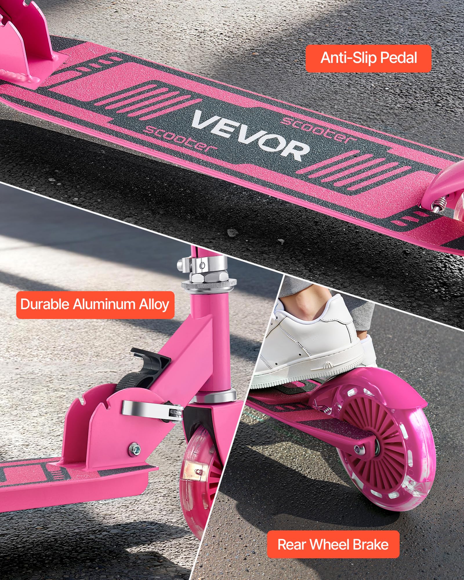 VEVOR Trottinette pour Enfants à partir de 3 Ans, patinette à 2 Roues Lumineuses, Guidon réglable en Hauteur, Large Plateau antidérapant, Cadre léger et Pliable pour garçons et Filles à 50 kg, Rose
