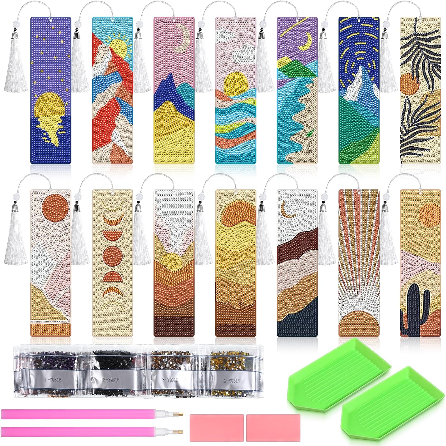 Oqqlin 14 Pcs Diamond Art Bookmarks, Boho Diamond Art Painting Bookmarks with 14 White Tassels & DIY Tool Kit 5D Sun & Moon Nature Acrylic Bookmark for Book Lovers and Craft Enthusiasts
