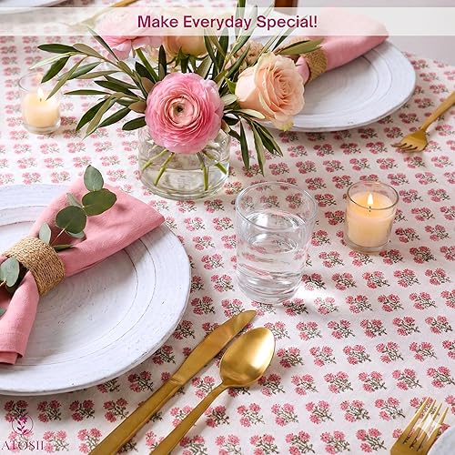 Miniatura 6 de ATOSII - Mantel Gulbahar blanco y rosa de 100 % algodón, estampado floral a mano, rectangular, lavable, para mesa de cocina, comedor, buffet,