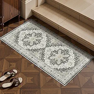 Madane Washable Area Rug 2x4, Small Entryway Rug Non-Slip Vintage Door Mat Indoor Entrance, Low Pile Floor Carpet Runner for Inside Front Door Kitchen Entry Laundry, Black