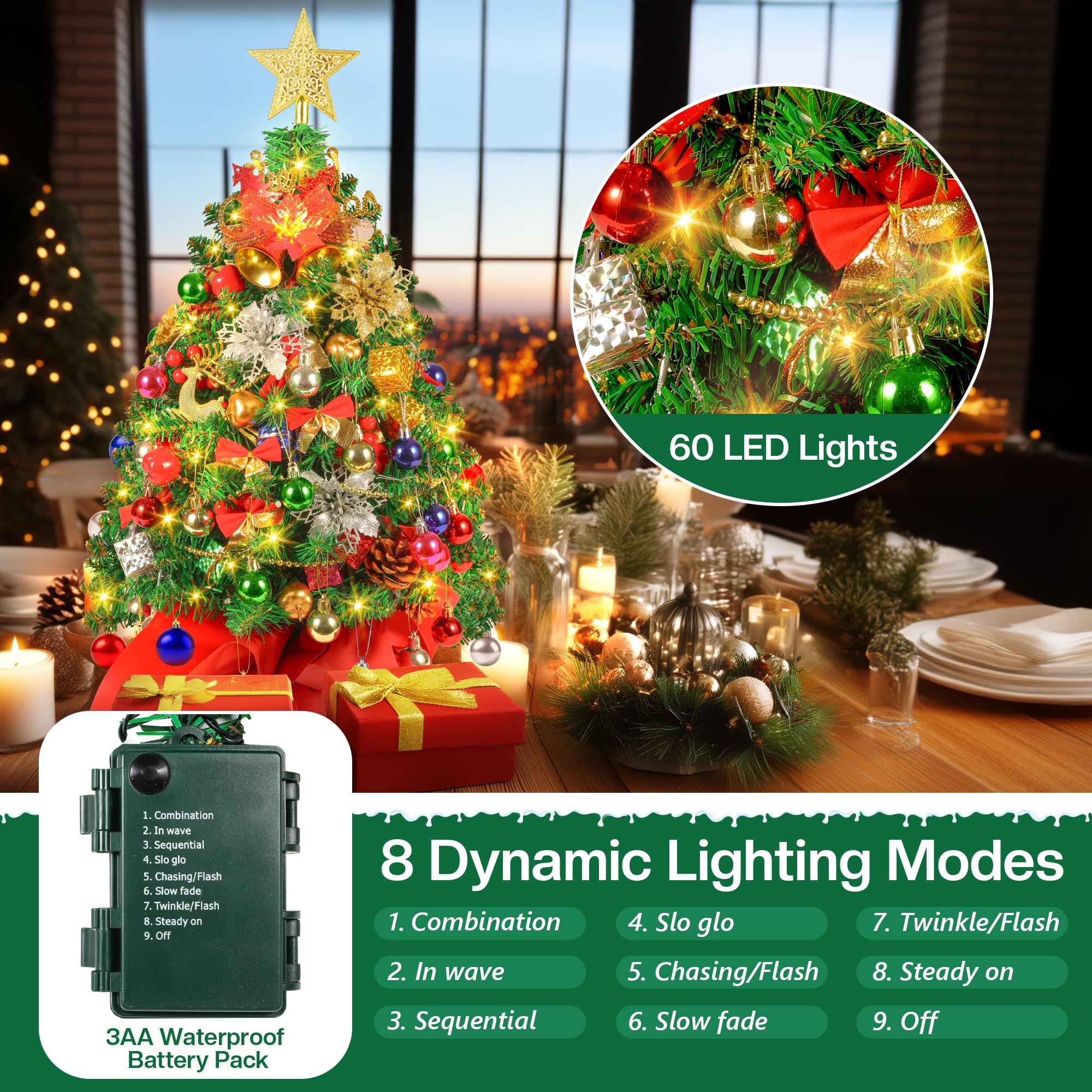 Mini sapin de Noël artificiel de table de 0,6 m avec 60 lumières LED, petit sapin de Noël pré-éclairé, 100 branches, 80 ornements, décoration de table de Noël d'intérieur pour fête à la maison