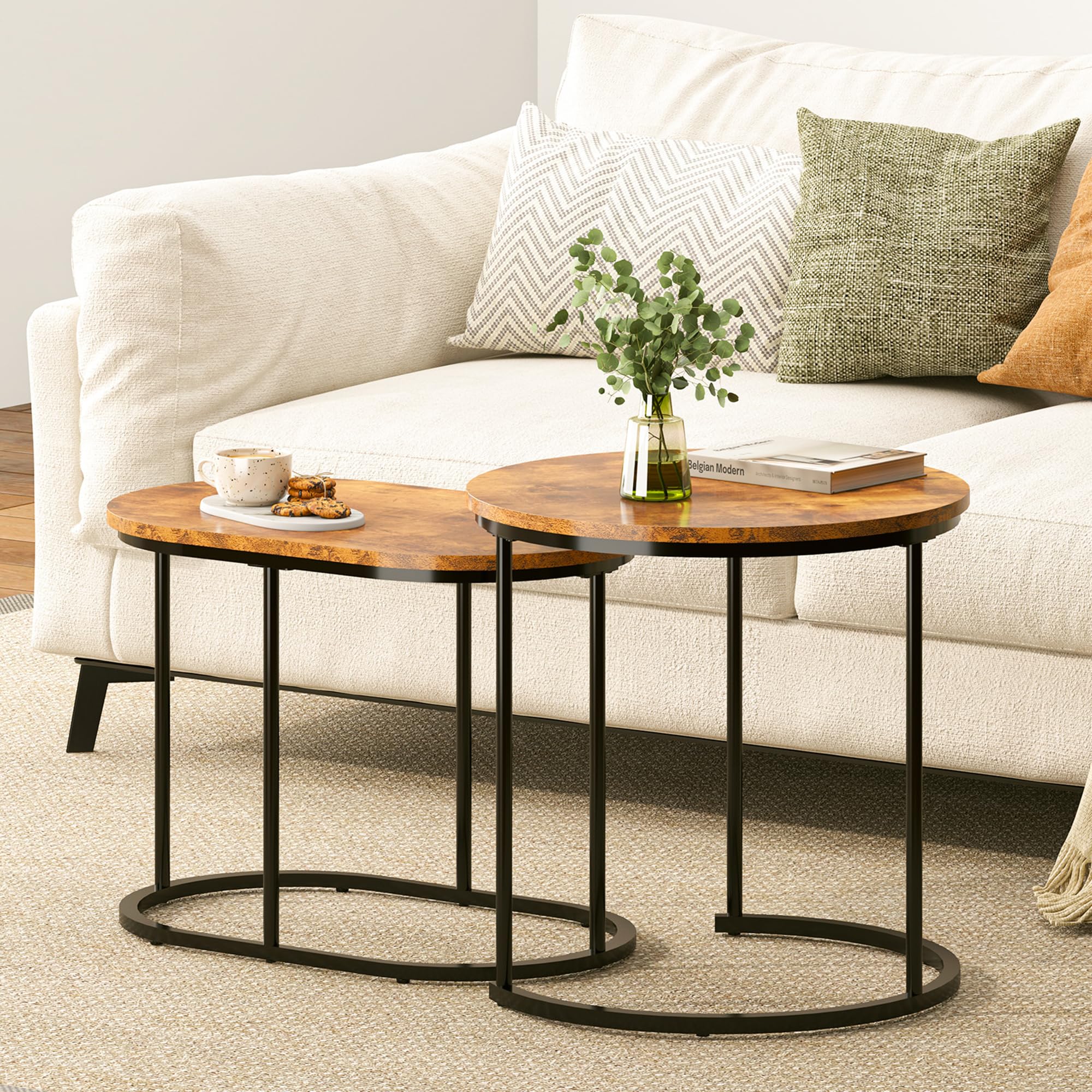 Lot De 2 Tables Gigognes Salon - Plateau Marbre, Pieds Dorés, Blanc, Diamètre 50 Et 60 Cm