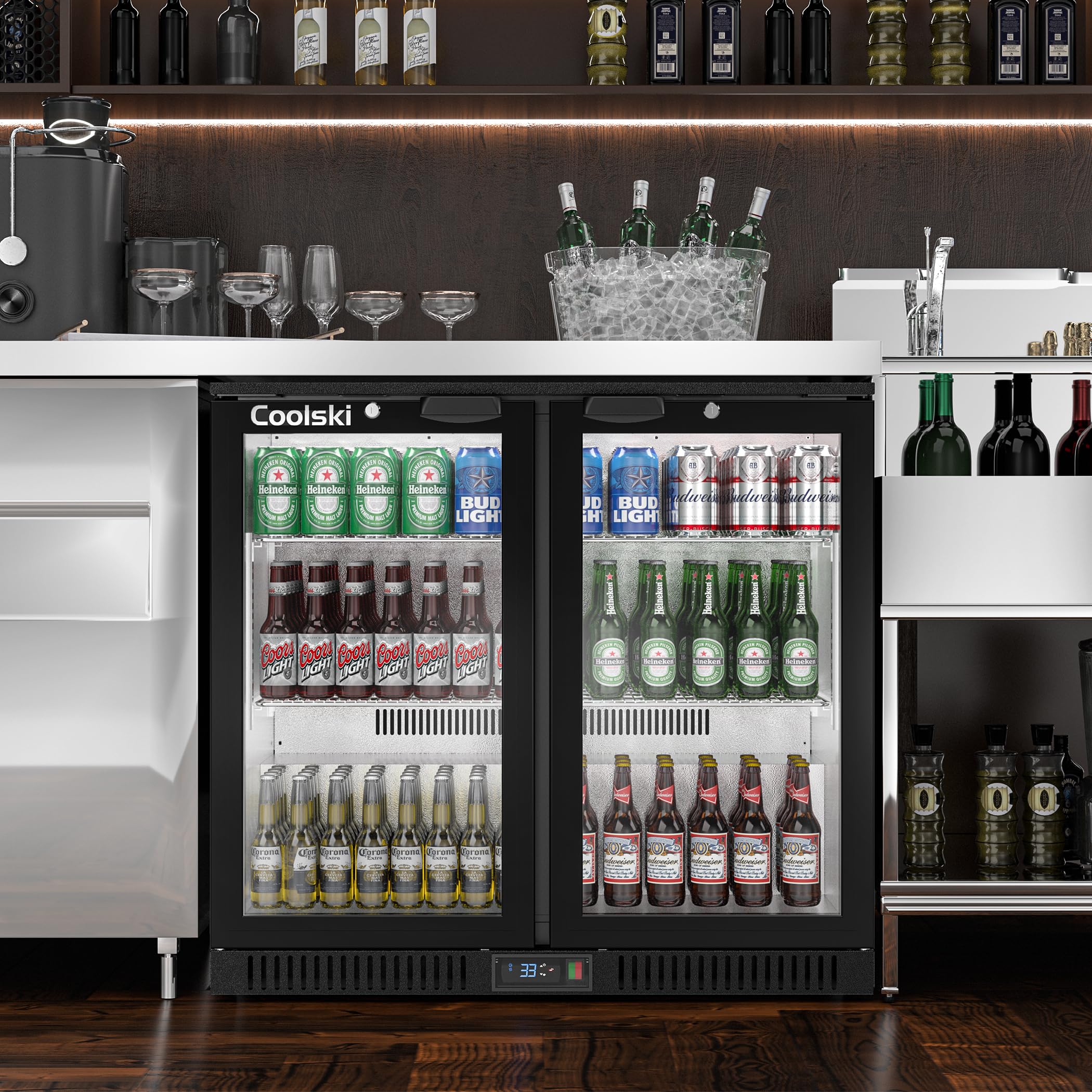 COOLSKI Back Bar Cooler Commercial Undercounter Refrigerator With 2 Glass Door, Bar Beverage Refrigerator For Beer Soda Wine 7.0 Cu.Ft. Capacity LED Lighting Etl Nsf Approved, Black on Fridge.com - View 4