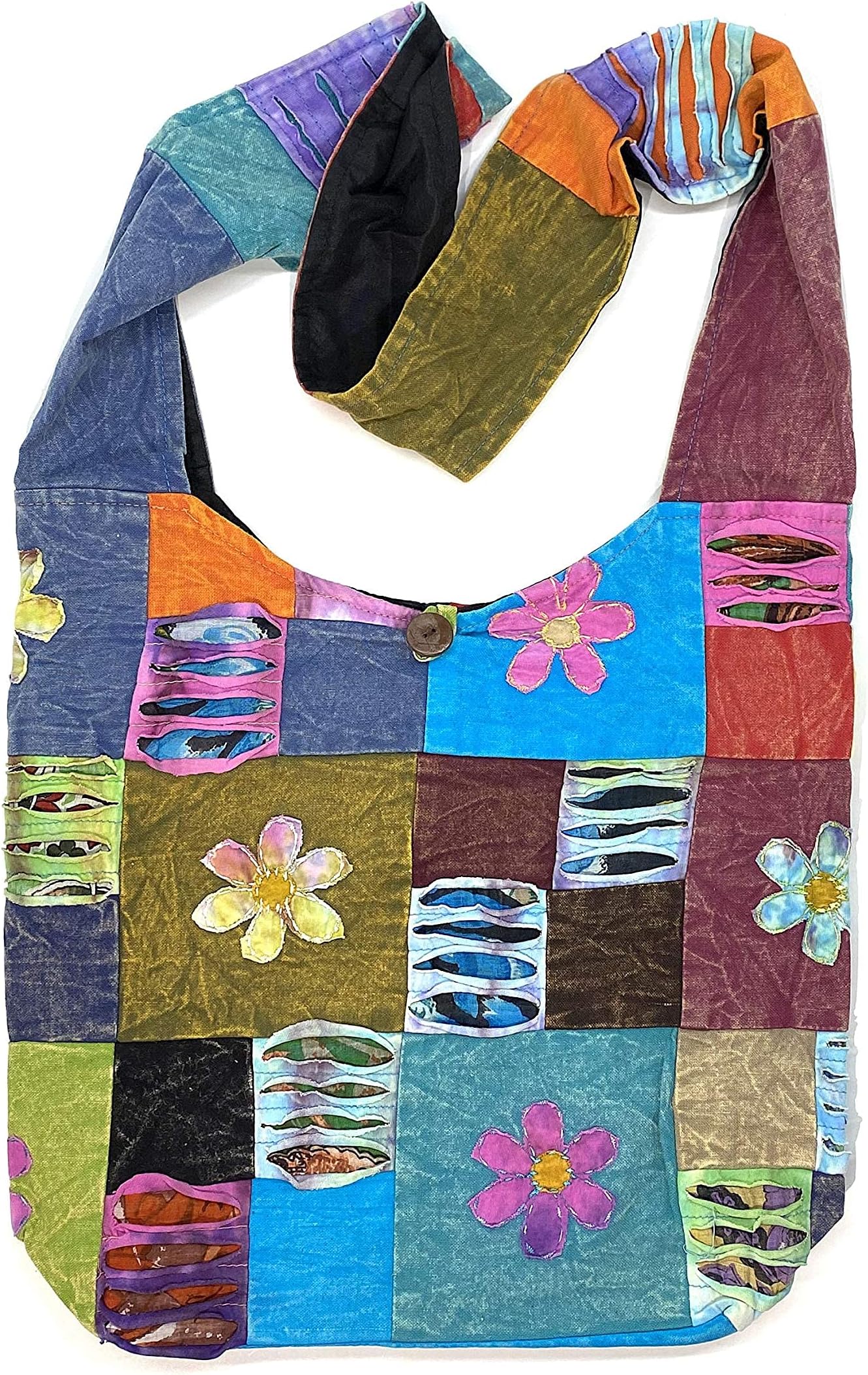 Original CollectionsHappy Flowers Razor Cut Hippie Patchwork Sling Crossbody Boho Handbag Bohemian Purse