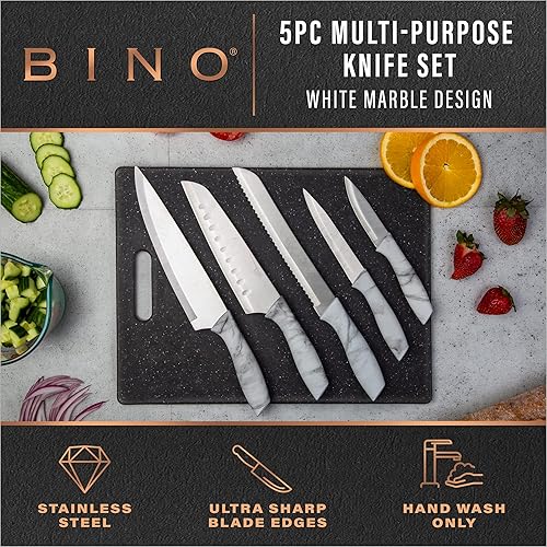Miniatura 2 de BINO Juego de cuchillos de cocina de acero inoxidable de 5 piezas con funda mármol  cuchillo para picar  cuchillo dentado  cuchillo Santoku