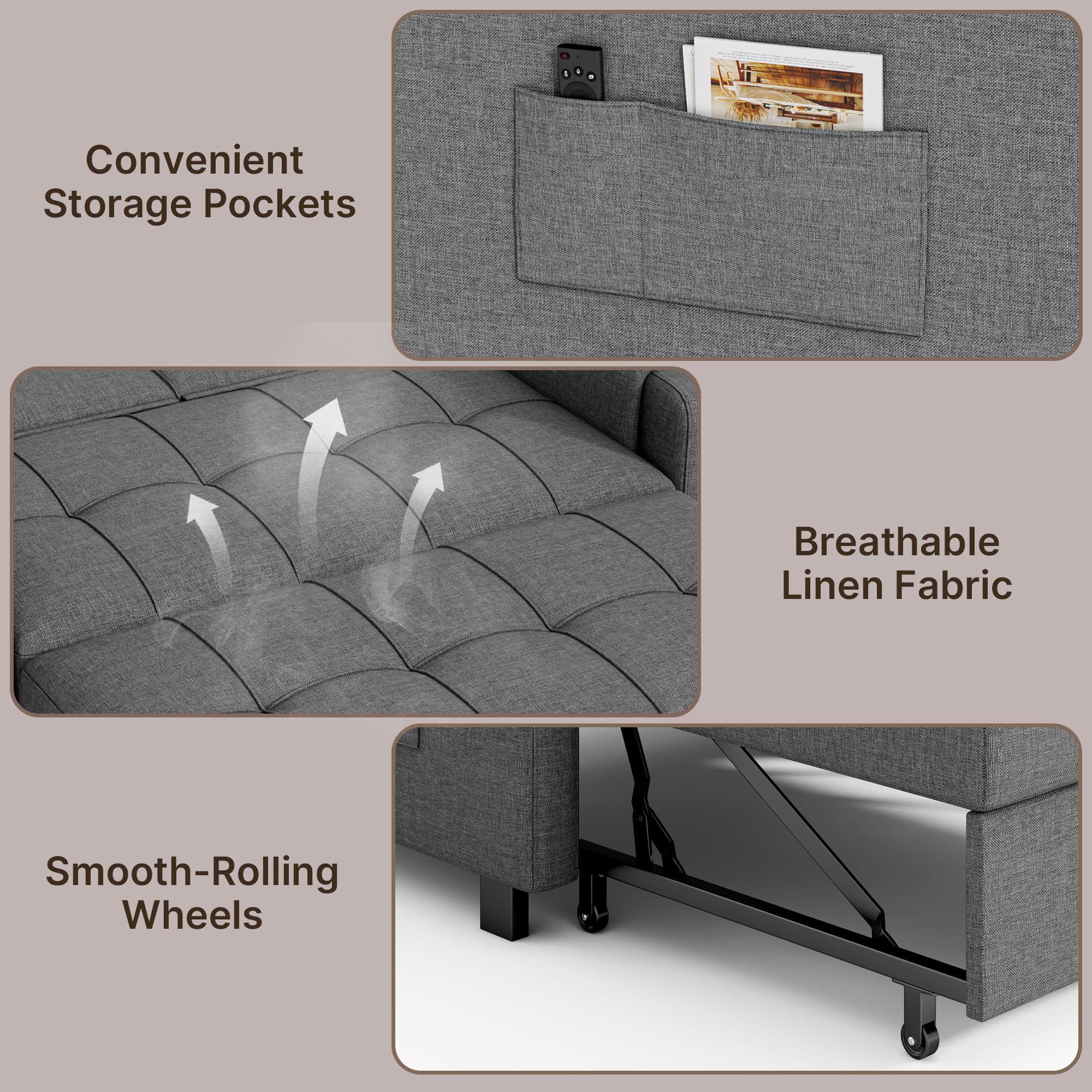 Gizoon Convertible Sofa Bed Modern Couch Bed & Small Loveseat Sleeper, Grey | 3 in 1 Pull out Couch, Space-Saving Design, 5-Position Adjustable Futon Sofa Bed for Living Room, Apartment, Guest Room