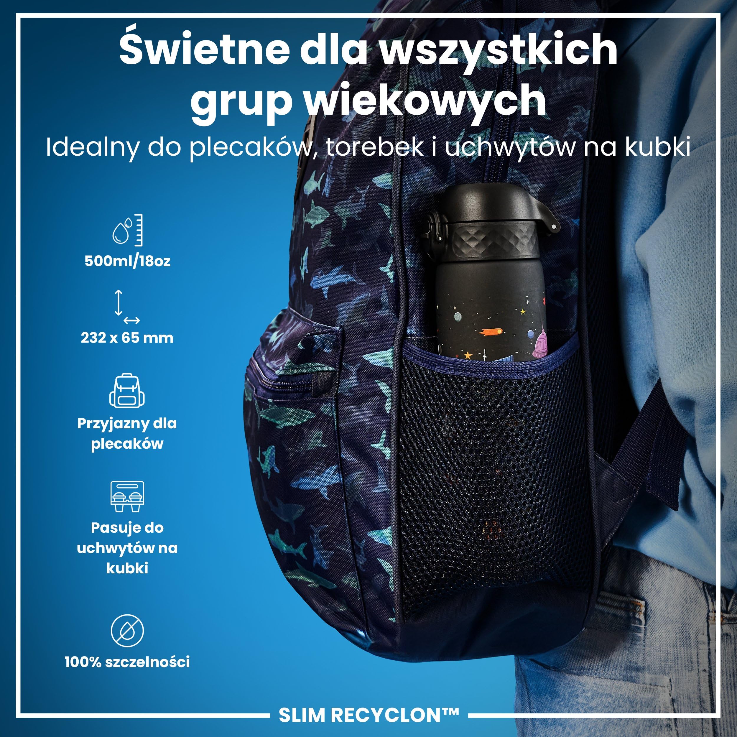 ION8 Butelka na Wodę, 500 ml/18 oz, Szczelna, Łatwe Otwieranie, Bezpieczny Zamek, Można Myć w Zmywarce, Bez BPA, Higieniczne Pokrycie, Uchwyt do Przenoszenia, Łatwa Czyszczenie, Statki Kosmiczne