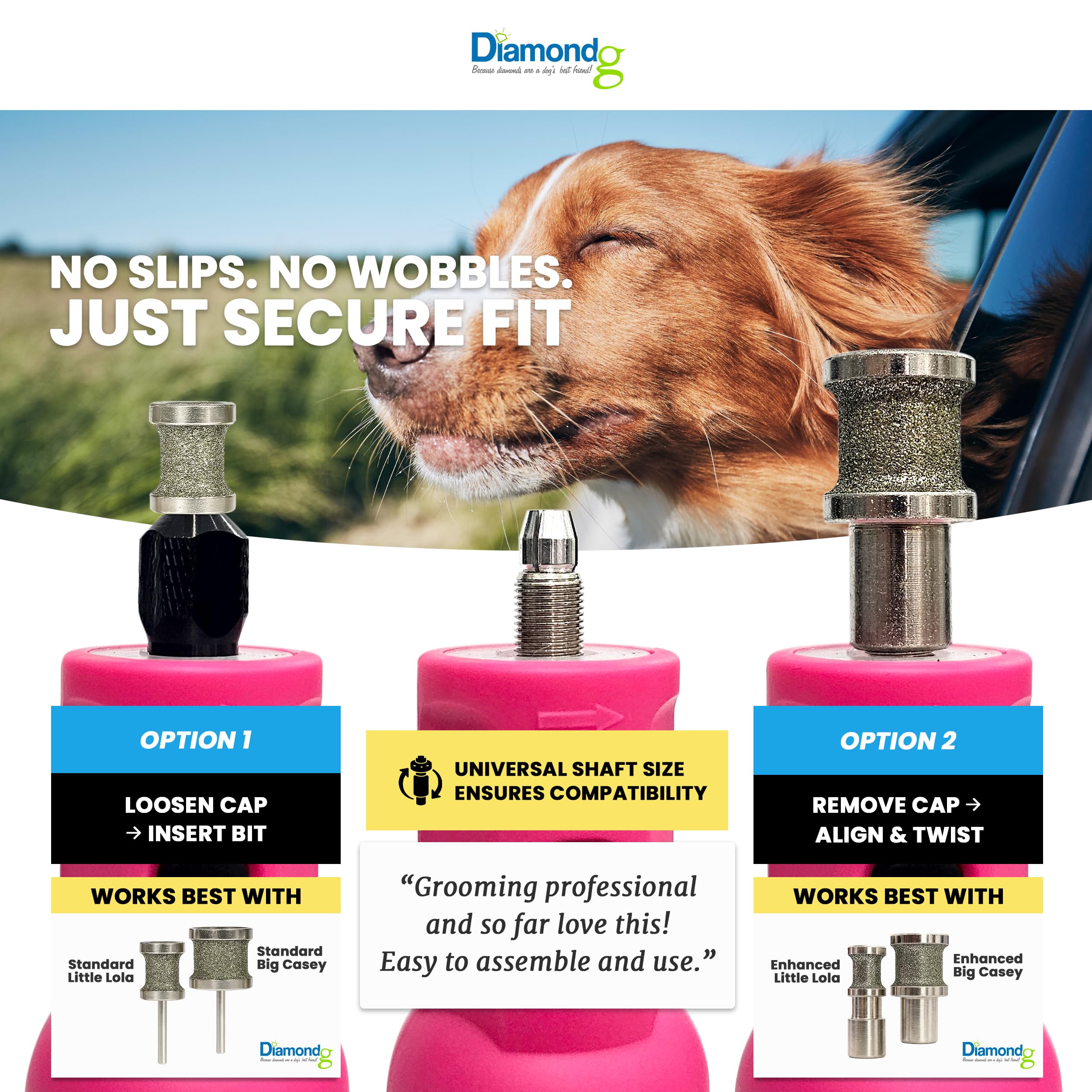 Diamondg Molinillo de uñas inalámbrico para perros con sonido silencioso y punta LED para perros grandes y pequeños, 4 horas de tiempo de funcionamiento, cortaúñas eléctrico para perros, herramienta