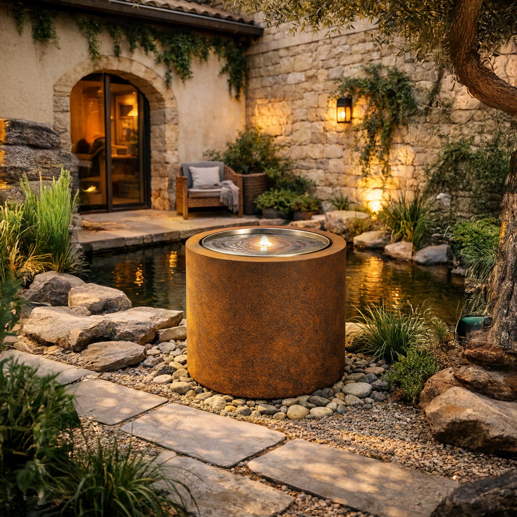 KÖHKO® Design-Gartenbrunnen ORBIS rund aus Cortenstahl mit LED –Modernes Wasserspiel für Garten & Terrasse