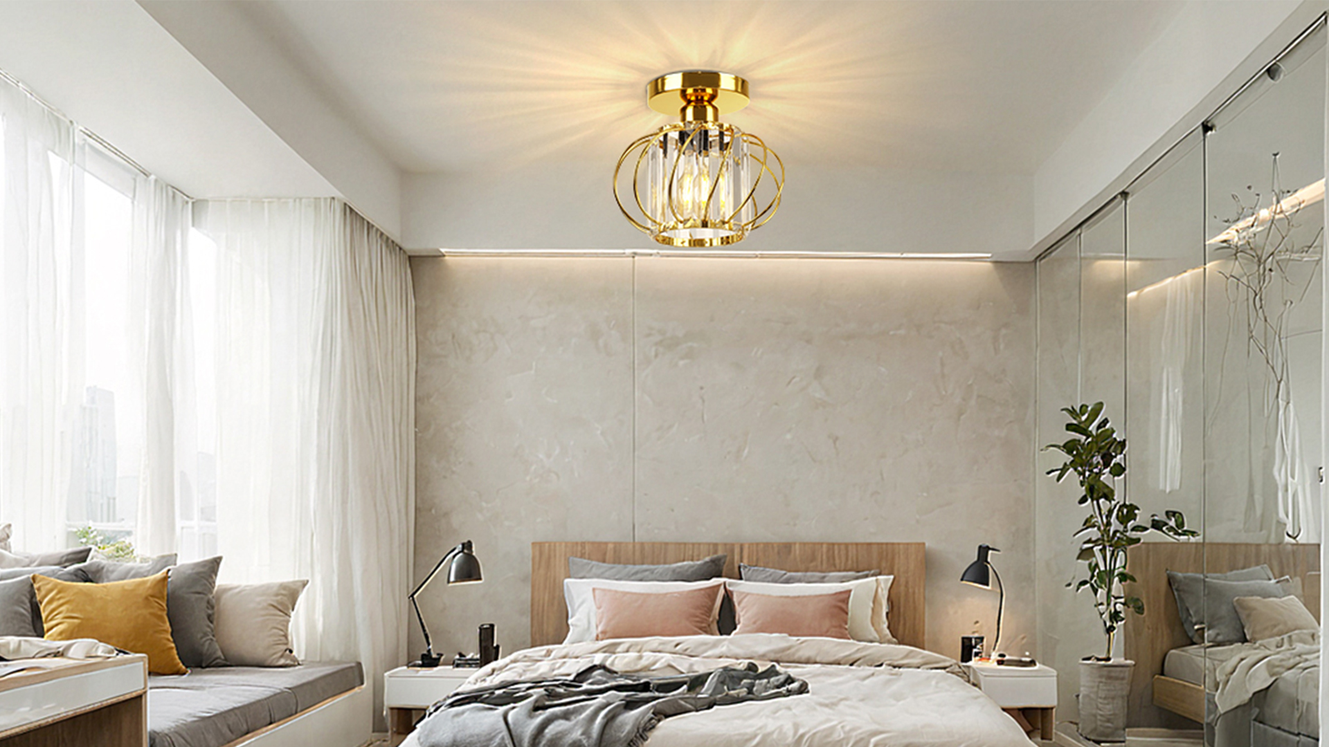 Image of FRIDEKO HOME Gold Crystal Ceiling Light Fixture - Crystal Chandelier Small Semi Flush Mount Ceiling Light Modern Lights Ceiling Mount for Hallway Kitchen Entryway Bedroom Bathroom (2 Pack, 7.48 Inch)