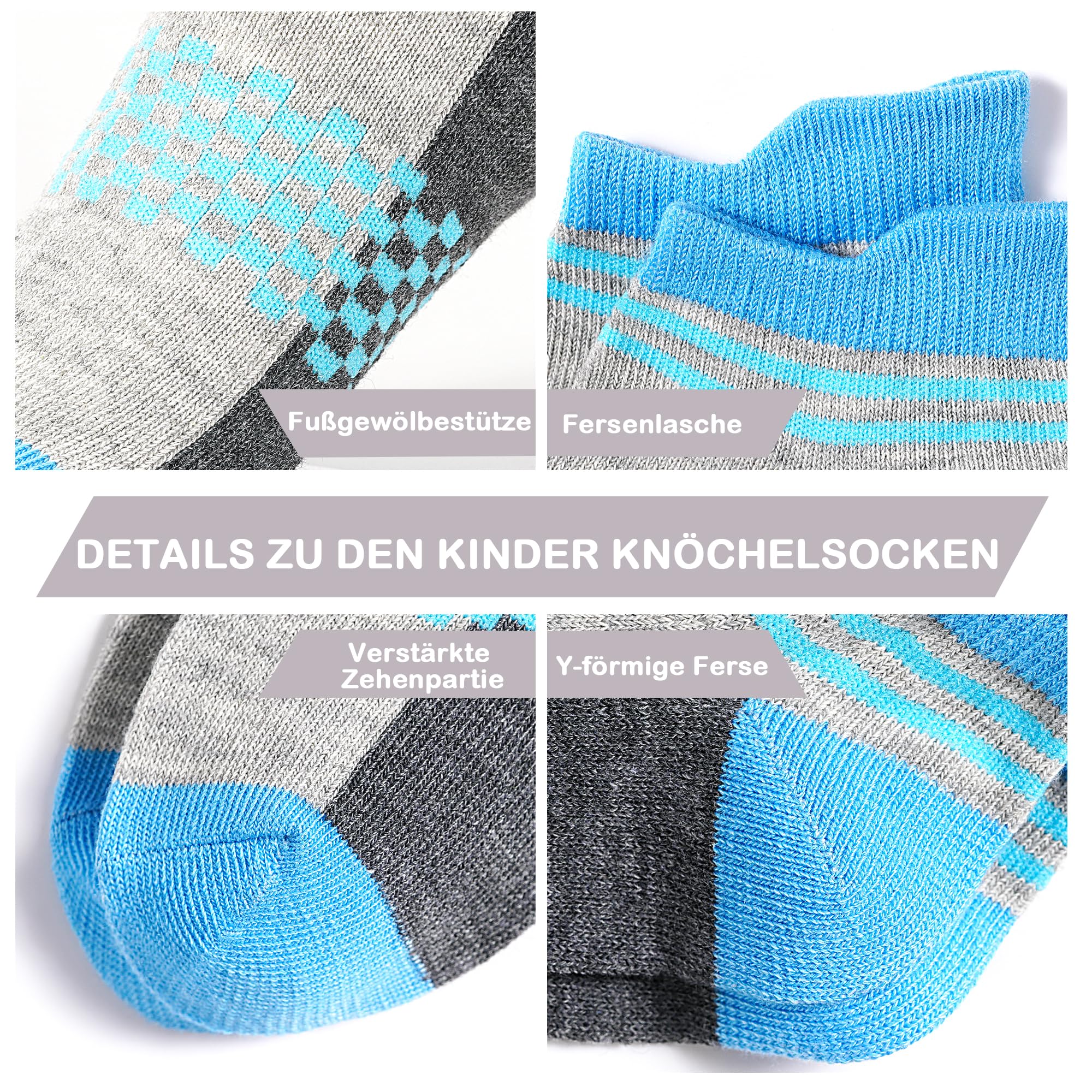 ZERULETS - Calcetines deportivos cortos para niño (12 pares, suela negra y gris oscuro, elásticos, para uso diario y deporte, talla 20-38)