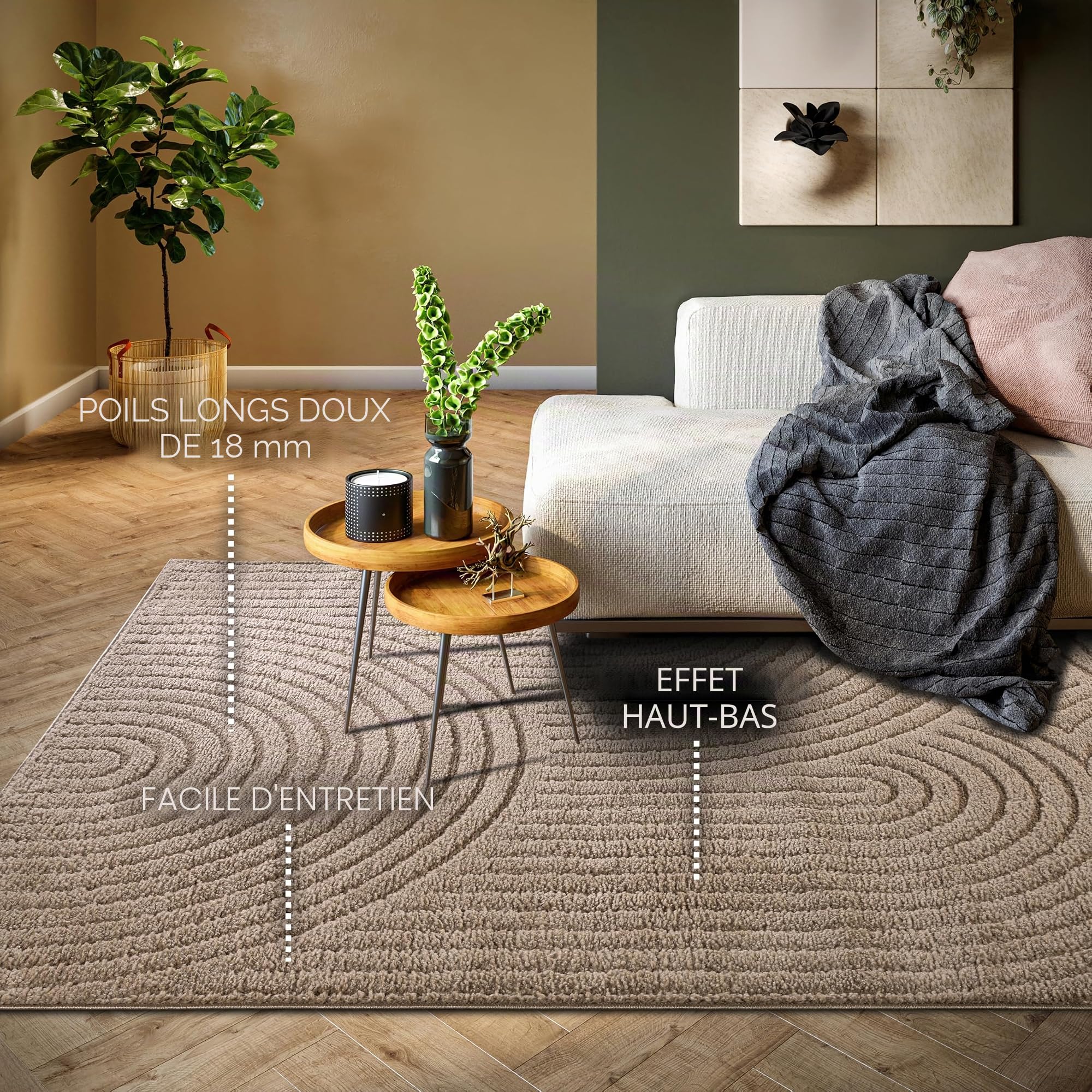 Elle Decoration Panglao Tapis Moderne à Poils Longs – Tapis de Salon Moelleux – Effet très Profond Skandi bohème, Vagues, Arc, pour Salon, Chambre à Coucher, Cuisine, Taupe, 120 x 170 cm