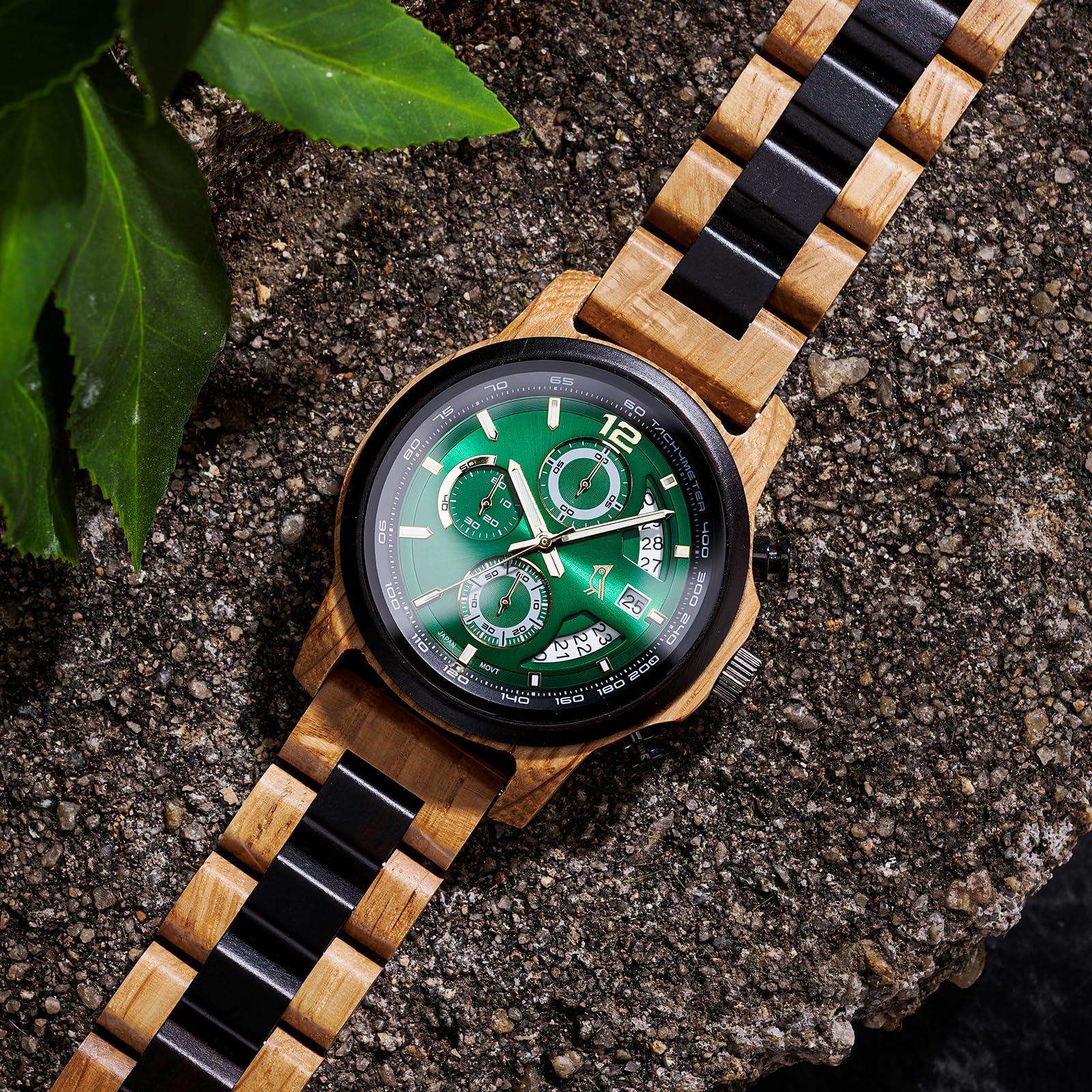 2win Reloj de madera grabado para marido y hombre, cronógrafo para hombre con llamativa esfera verde y diseño único de madera, regalo de aniversario, cumpleaños, Navidad, San Valentín para él