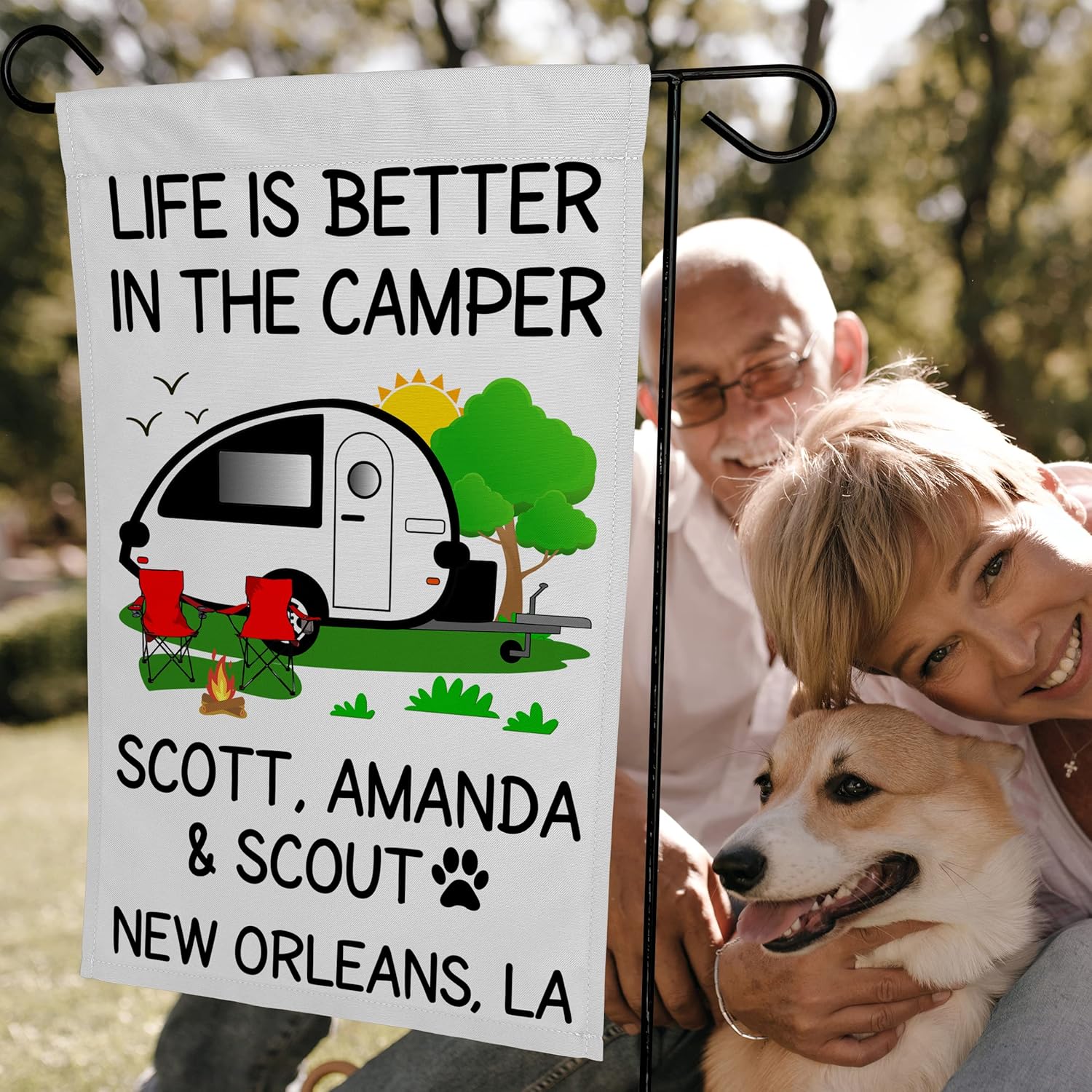 Personalized Campsite Flag, Life is Better In the Camper, Black Teardrop Trailer on White Water Resistant Fabric