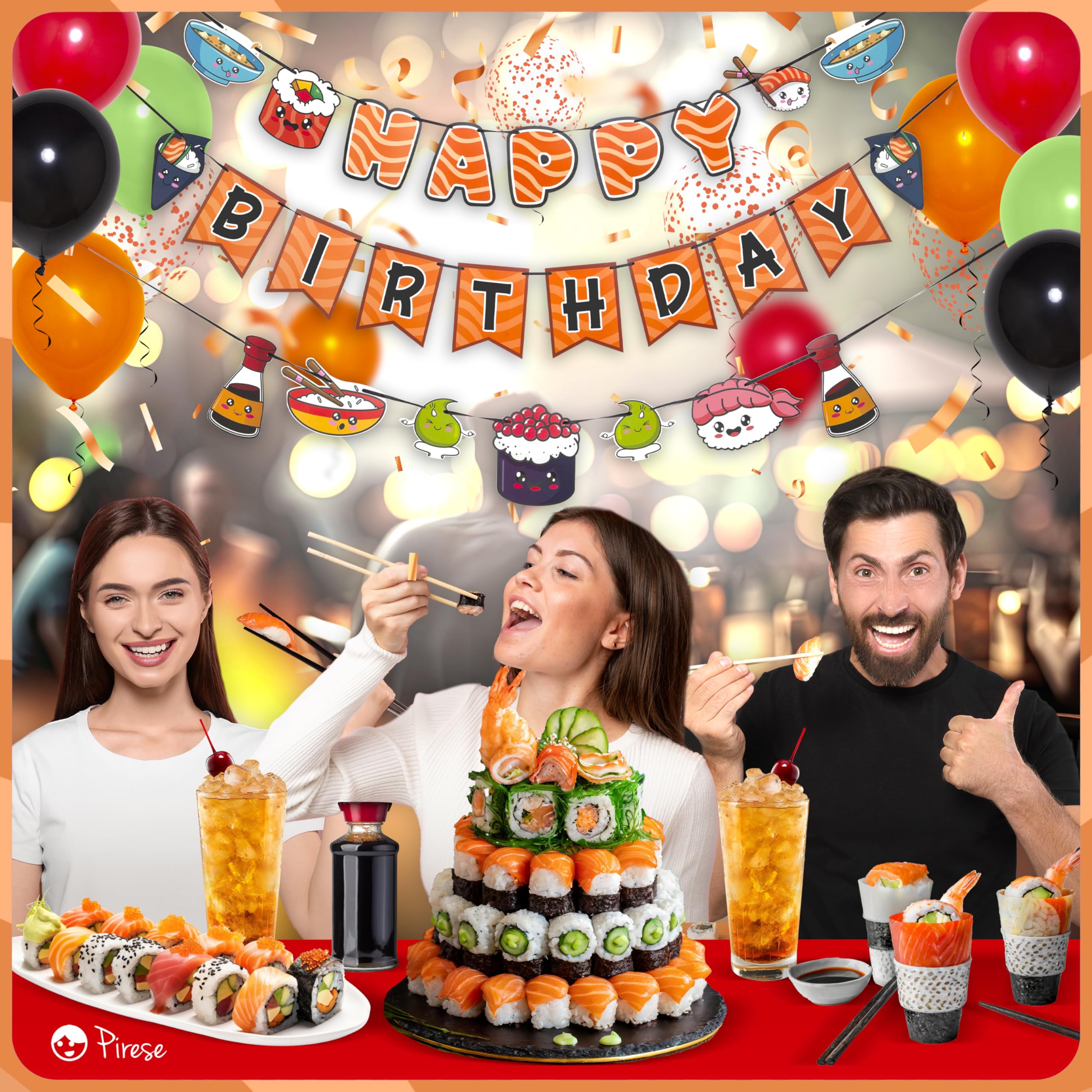 Decoraciones de fiesta de cumpleaños de sushi para niños y adultos - Suministros de fiesta de sushi japoneses, decoración de cumpleaños asiática, bonitas decoraciones de fiesta temática de 6