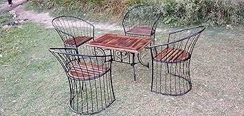 Aafiya Handicrafts Wooden & Wrought Iron Outdoor/Indoor Patio Set (4 Chairs + 1 Folding Table)