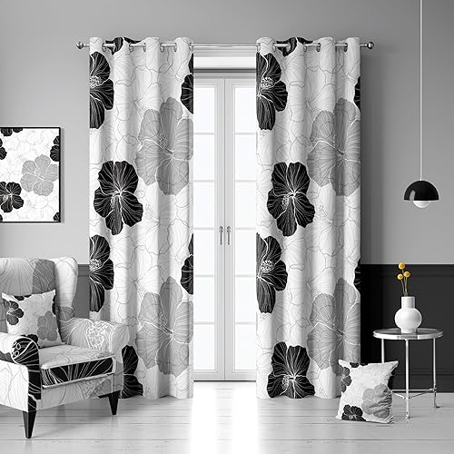Juego de 2 paneles de cortinas 100% opacas, negro, blanco, gris, floral, negro, elegante, con aislamiento térmico, tratamiento de ventana,