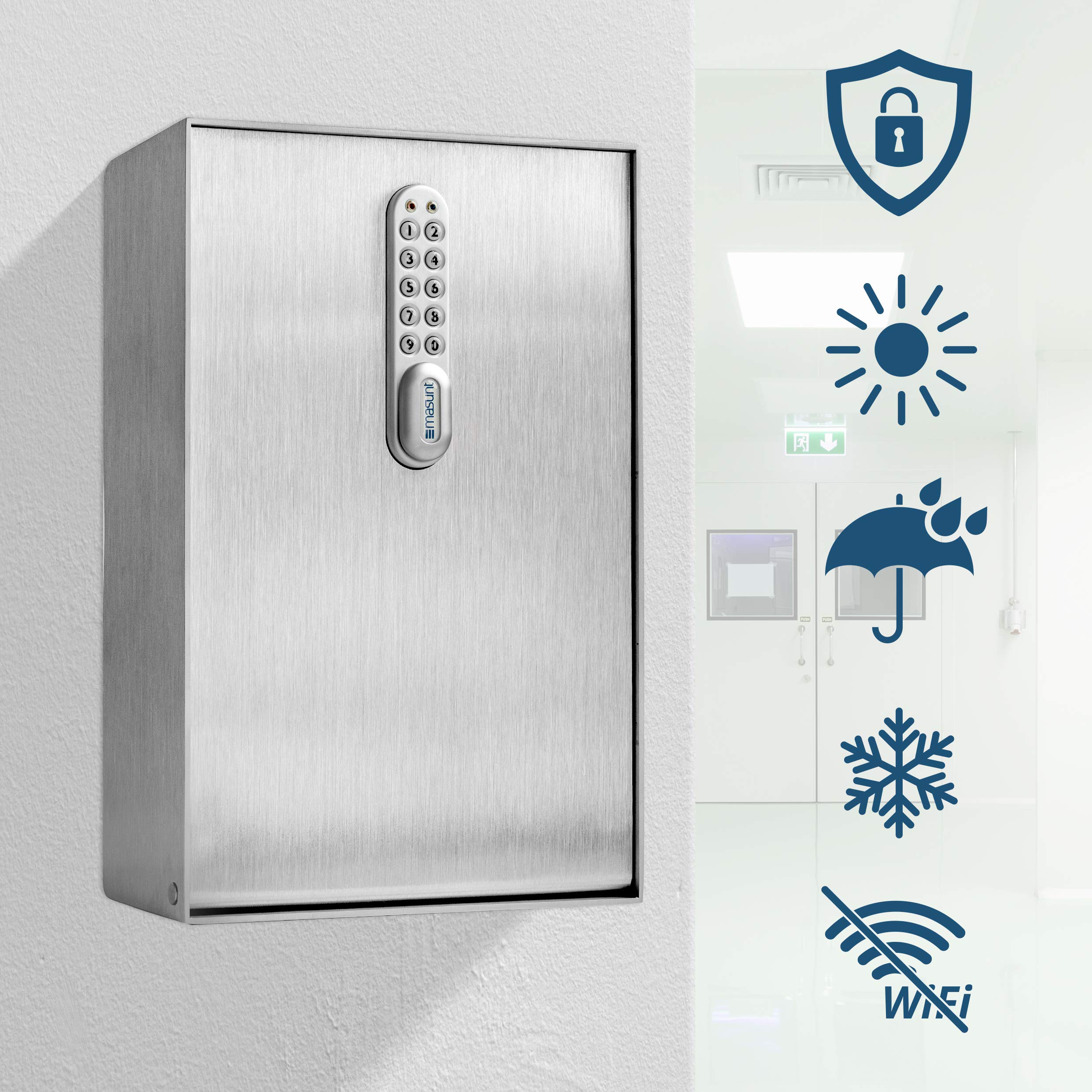 masunt Caja fuerte para llaves 2145 E Code | Caja fuerte para llaves con innovadora asignación de códigos en línea a distancia | Caja fuerte digital para llaves de sólido acero inoxidable V4A Plata