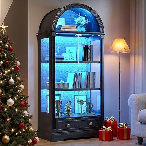 Vitrina con puertas de cristal, gabinete Curio arqueado de 72 pulgadas de alto con luces de sensor humano, vitrina de vidrio de 4 niveles para