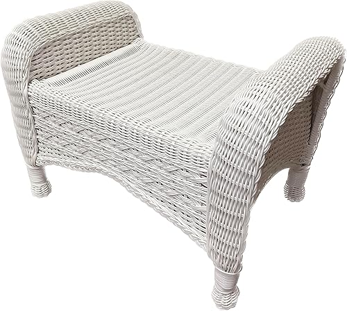Otomana de mimbre blanco para patio, reposapiés de mimbre para todo tipo de clima, banco con marco de aluminio de resina