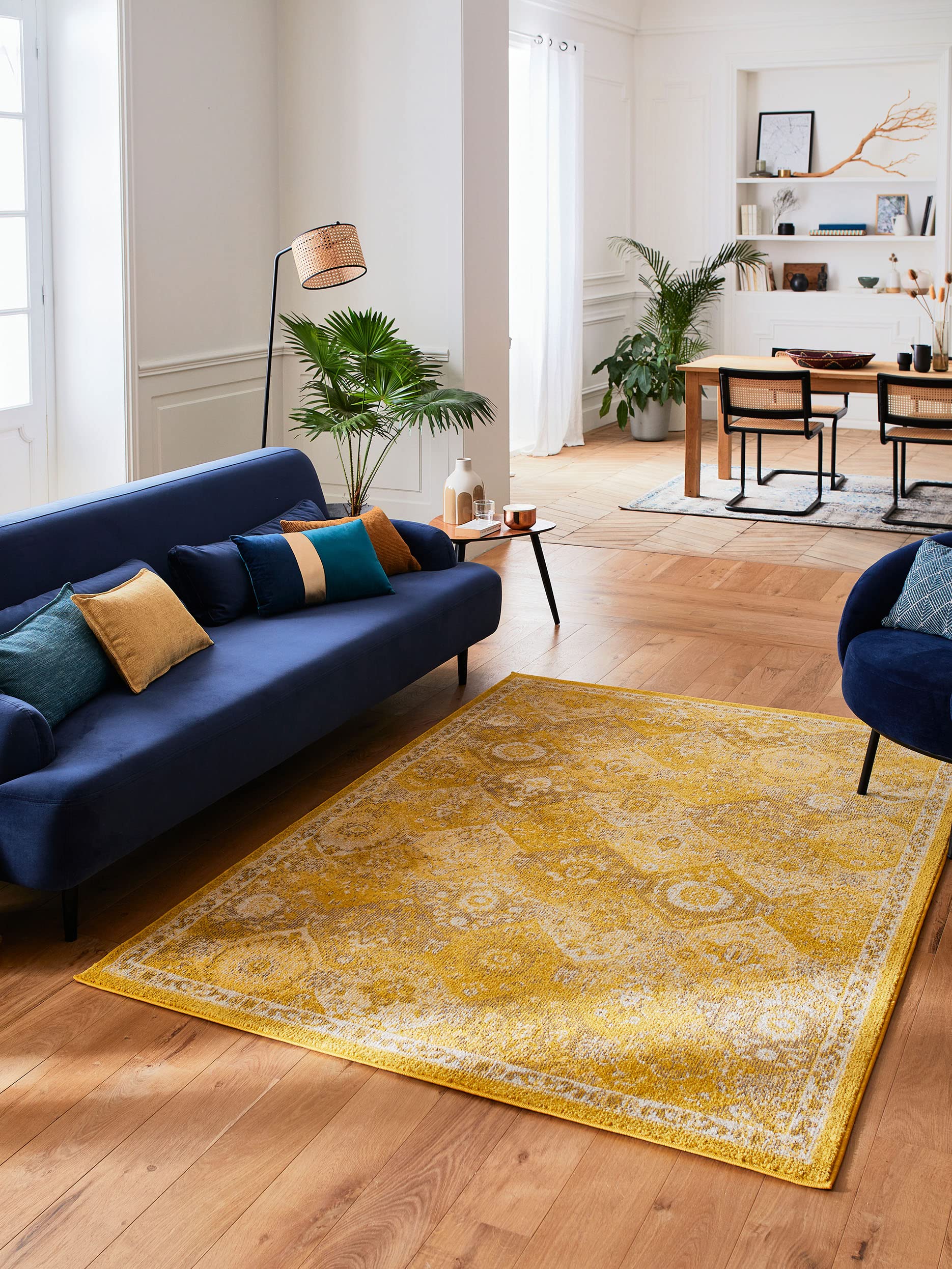 Nazar Tapis de Salon Vintage Style Moderne à Poils Ras, Lavable, pour Chambre (160x230 cm, 768 Jaune)
