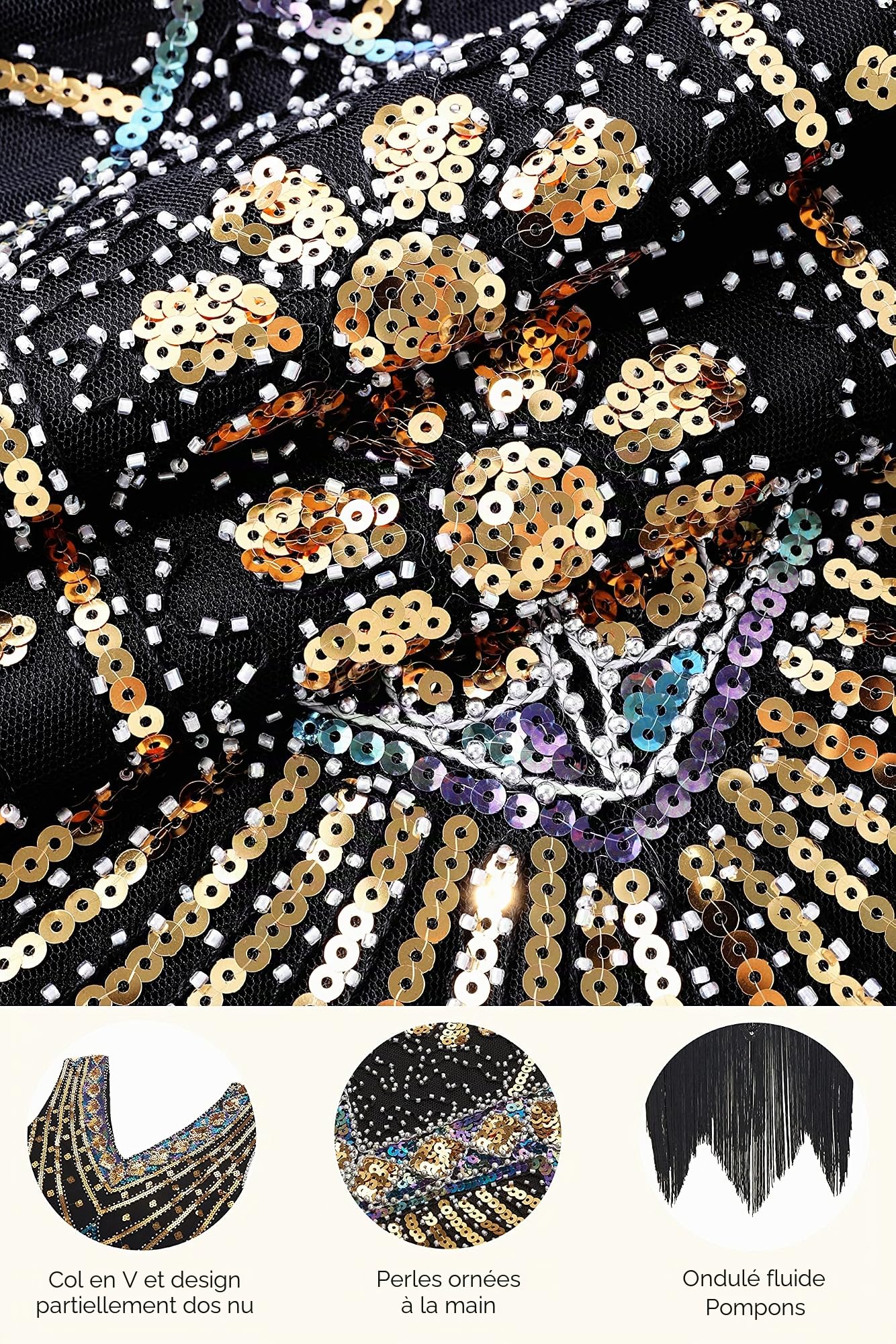 BABEYOND 1920 Flapper Robe Charleston à Sequins Robe soirée Frange Paillettée Style années 20 pour Great Gatsby Party, Bal, Soirée, Cocktail