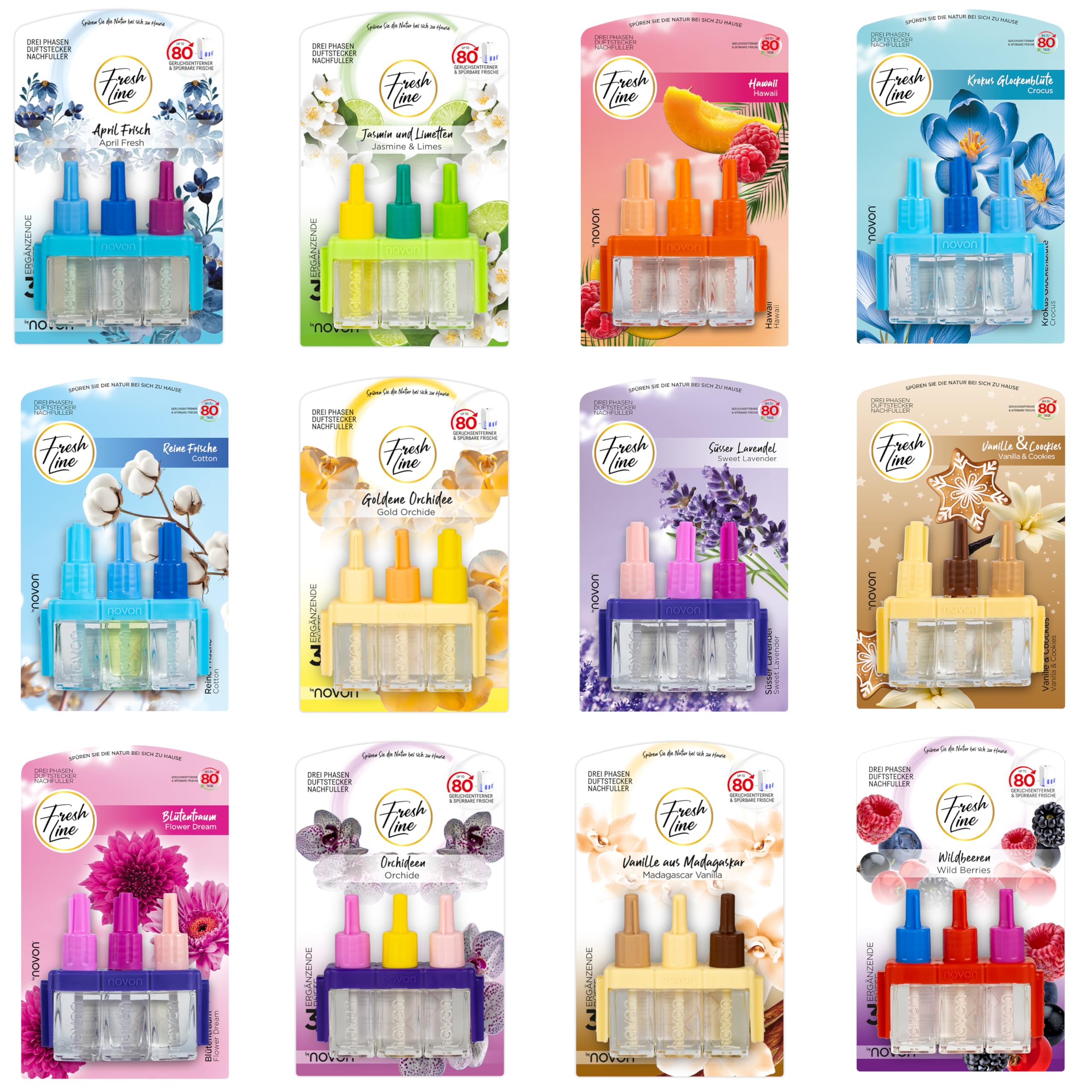 FRESH LINE® Duftstecker Nachfüller 3er Pack (3x7ml) – 3-Phasen-Wechsel – komp. zu 3VOLUTION – Lufterfrischer – 6 Düfte: Wildbeeren, Jasmin Limetten, Aprilfrisch, Goldene Orchidee, Vanille, Orchideen