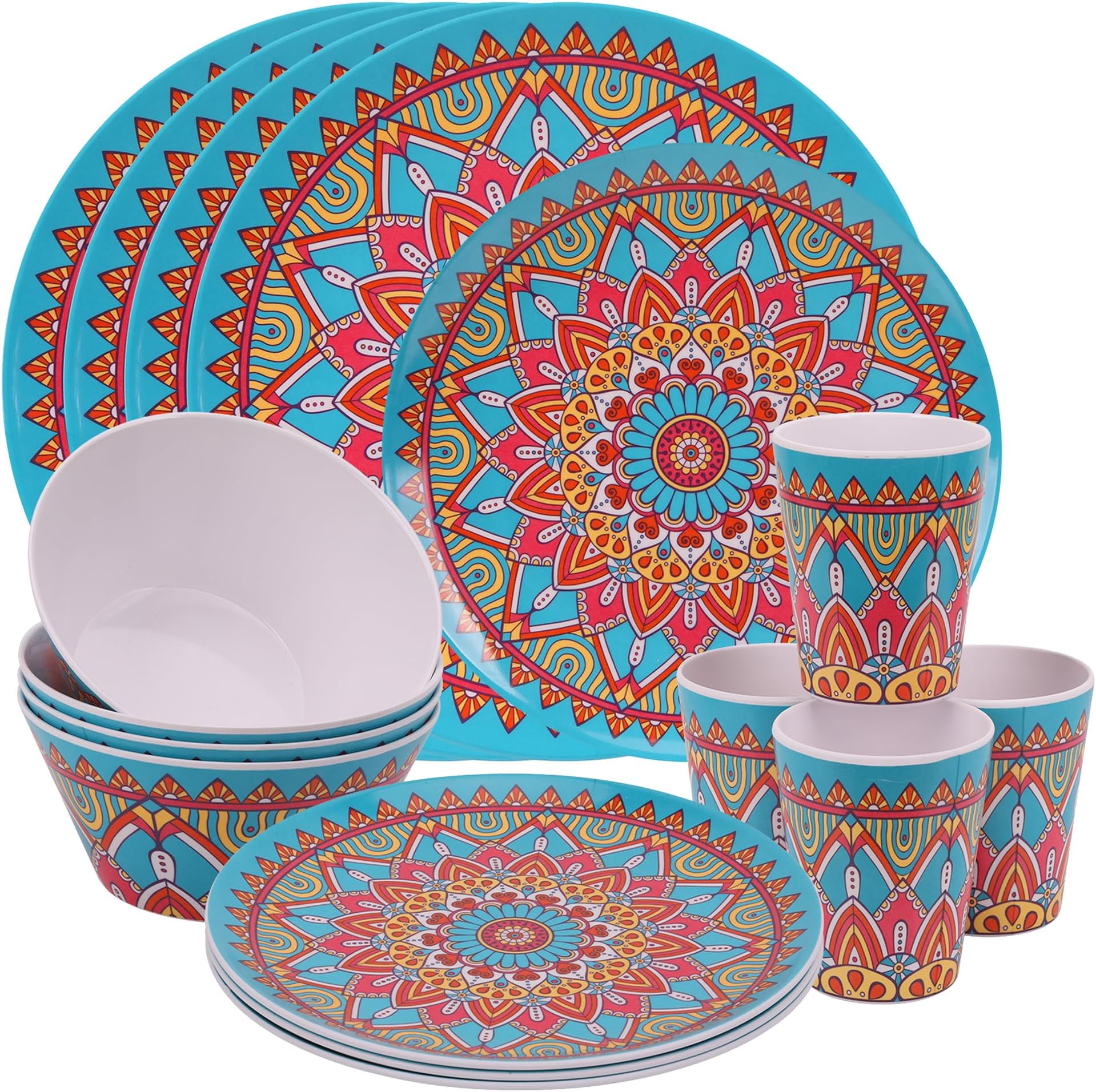 16pcs Melamine Dinner Set | Plates, Dessert Plates, Bowls & Cups | Moroccan Dinner Set | Party Dinnerware | Service for 4 | Reusable Dinnerware Set for Indoor, Outdoor, Picnic & Camping