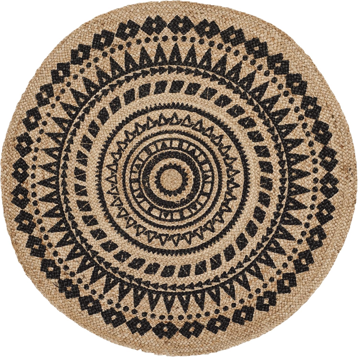 SAFAVIEH Natural Fiber Collection Area Rug - 4' Round, Black & Natural, Handmade Boho Mandala Braided Jute, Ideal for High Traffic Areas in Living Room, Bedroom (NF802K)