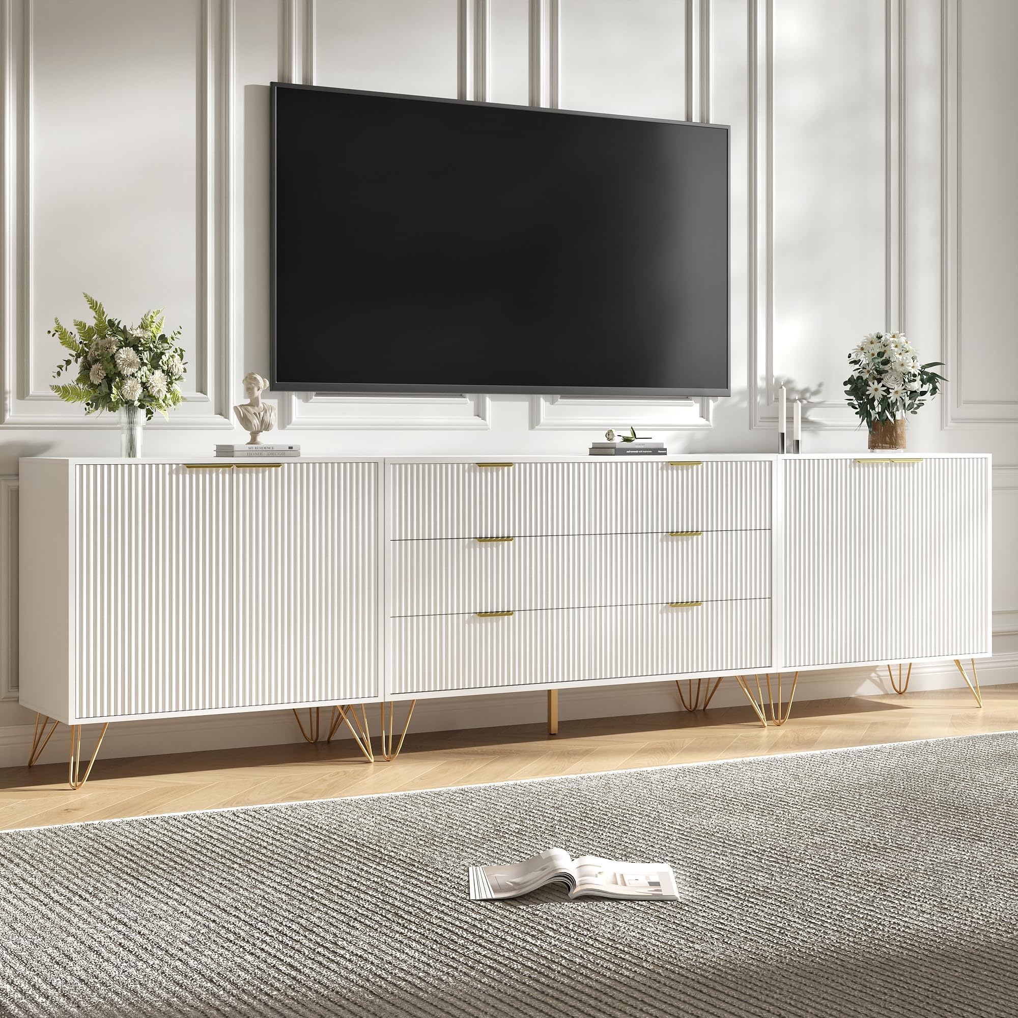 110” Fluted TV Stand for TVs up to 100 Inch, Entertainment Center with Storage and Adjustable Shelves, Modern Media Console with Golden Handles for Living Room, Bedroom, White