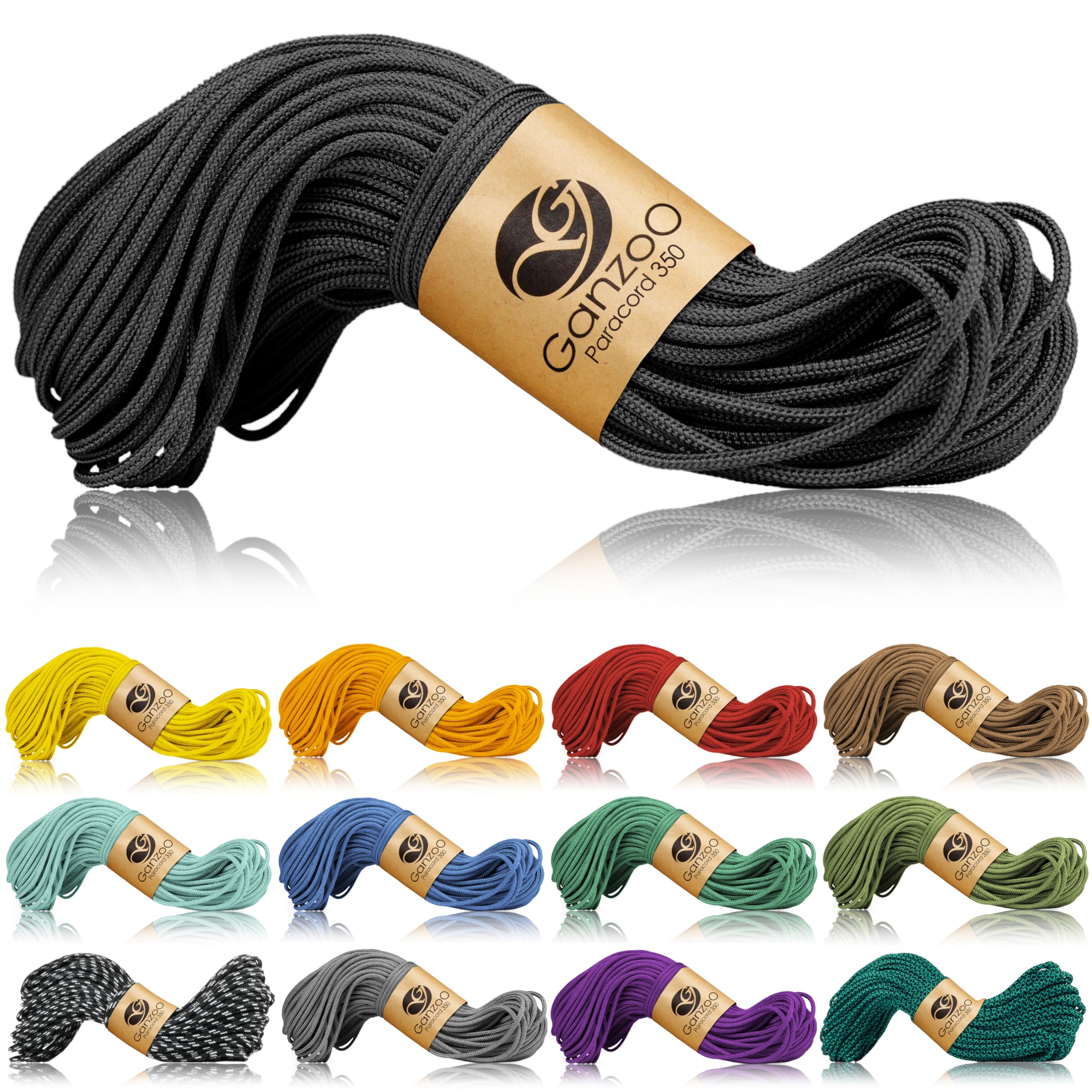 Ganzoo Paracord 350 – Corde Outdoor 2,5 Mm X 30 M, Noir, Gaine Nylon/polyester, âme 100 % Nylon – Pour Bricolage, Camping, Laisses, Bracelets