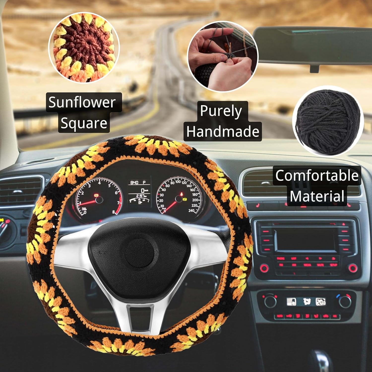 Crochet Steering Wheel Cover Set, Boho 14-15 in, Handmade Sunflower Granny Square Car Decor for Women, Hippie Wheel Cover - Image 3