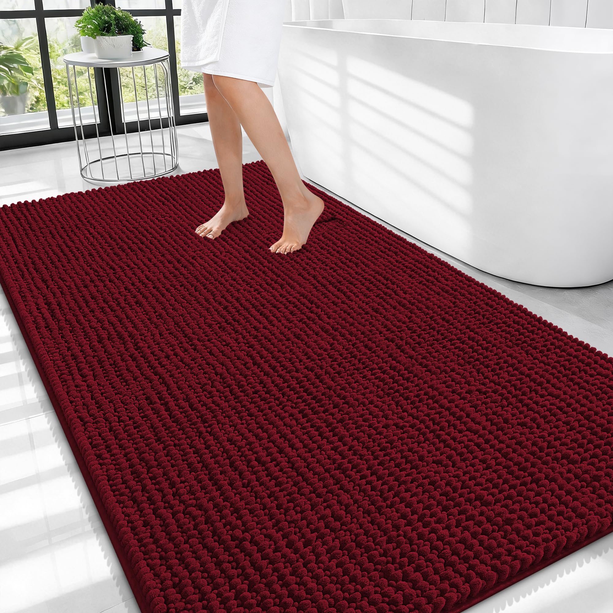 OLANLY Thick Chenille Large Bathroom Rugs Mats 44x32, Burgundy