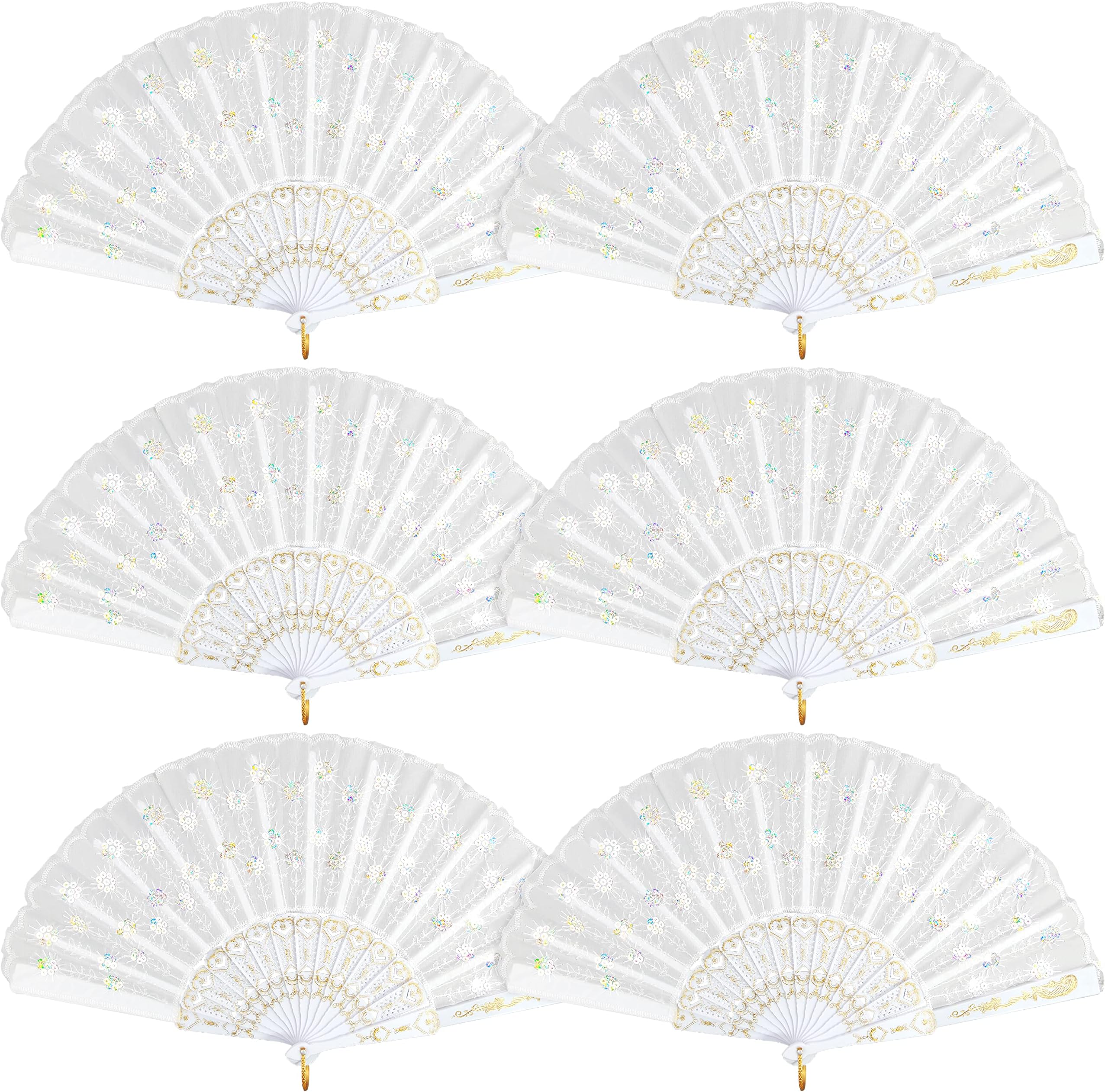 HKACSTHI 6 Packs White Spanish Floral Folding Hand Fan Women Lace Fan Handheld Fans for Wedding and Home Decoration
