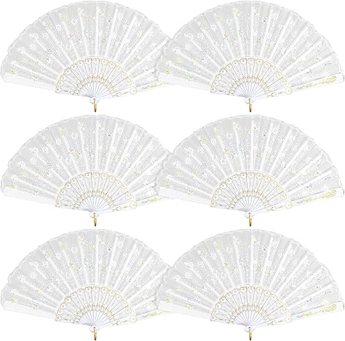 HKACSTHI 6 paquetes de abanicos de mano plegables florales españoles blancos para mujer, abanicos de encaje para boda y decoración del hogar