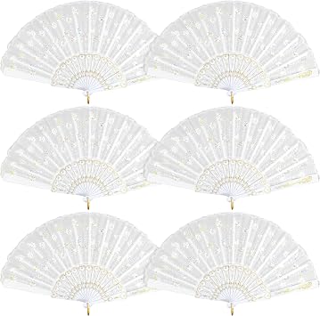 HKACSTHI 6 Packs White Spanish Floral Folding Hand Fan Women Lace Fan Handheld Fans for Wedding and Home Decoration